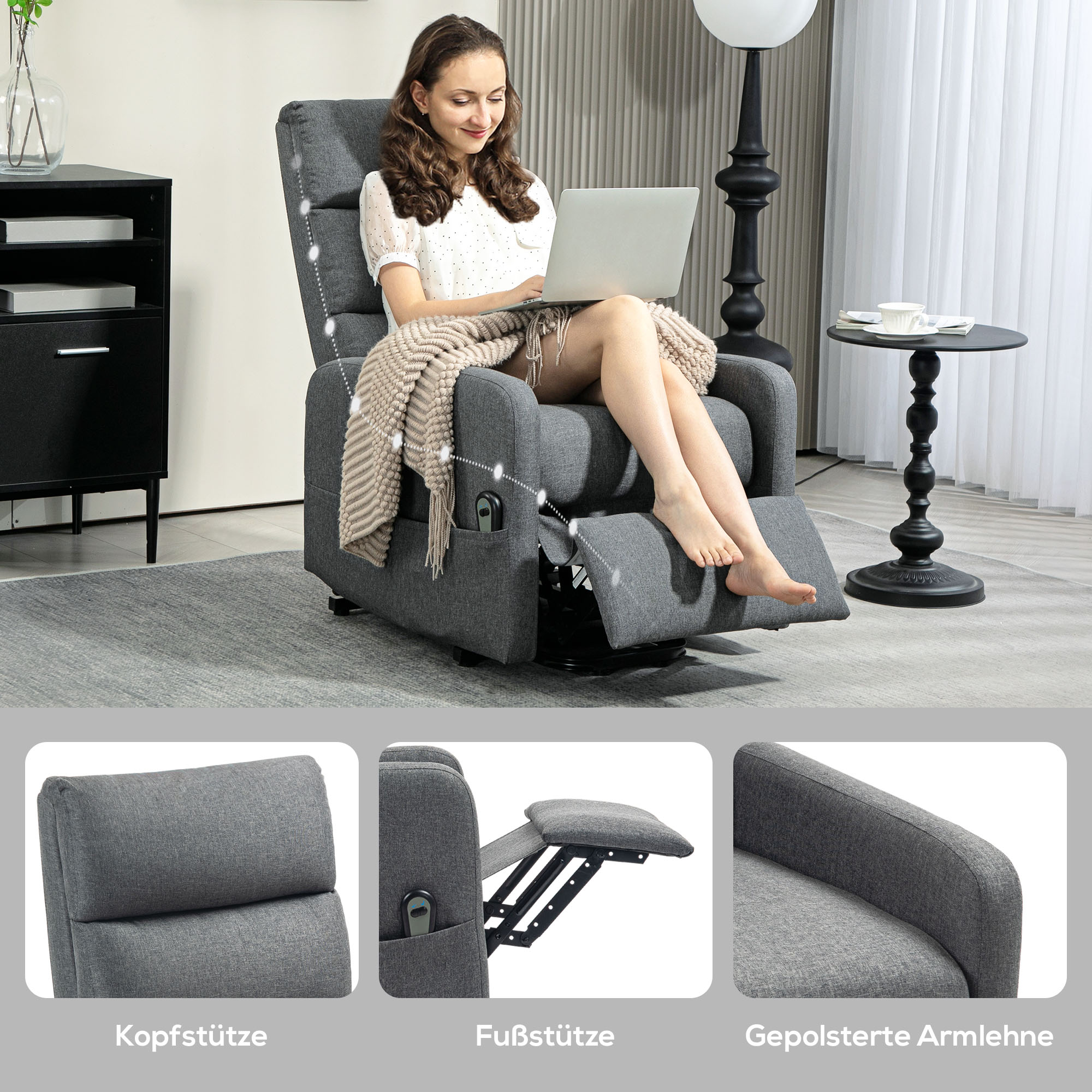 Elektrischer Relaxsessel mit Aufstehhilfe, Fernbedienung, weicher Schaumstoff, Seitentasche, Bezug in Leinenoptik, Grau