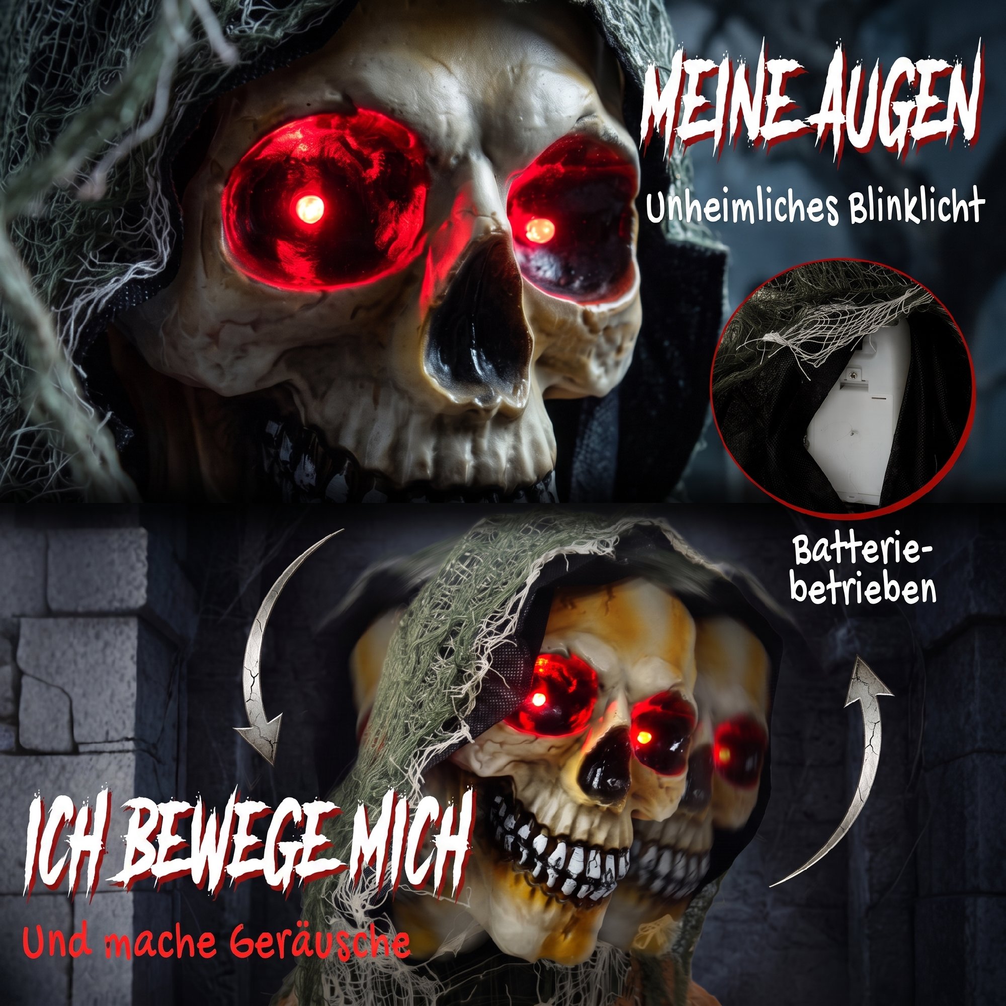 animierter Sensenmann, 170 cm, lebensgroße Halloween-Animatronic mit beweglichen Händen/Kopf, leuchtenden Augen und Gruselsound