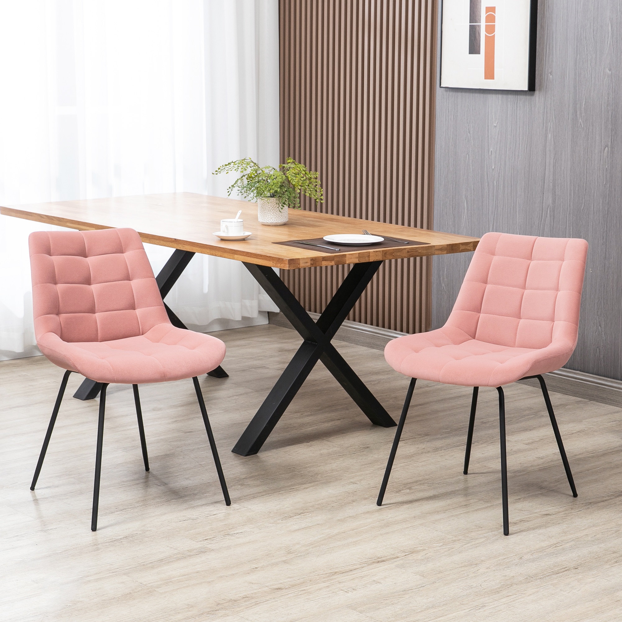 2er-Set Esszimmerstühle  Akzentstühle Küchenstühle, Retro-Design, Samtoptik, 50 cm x 61 cm x 79 cm, Rosa
