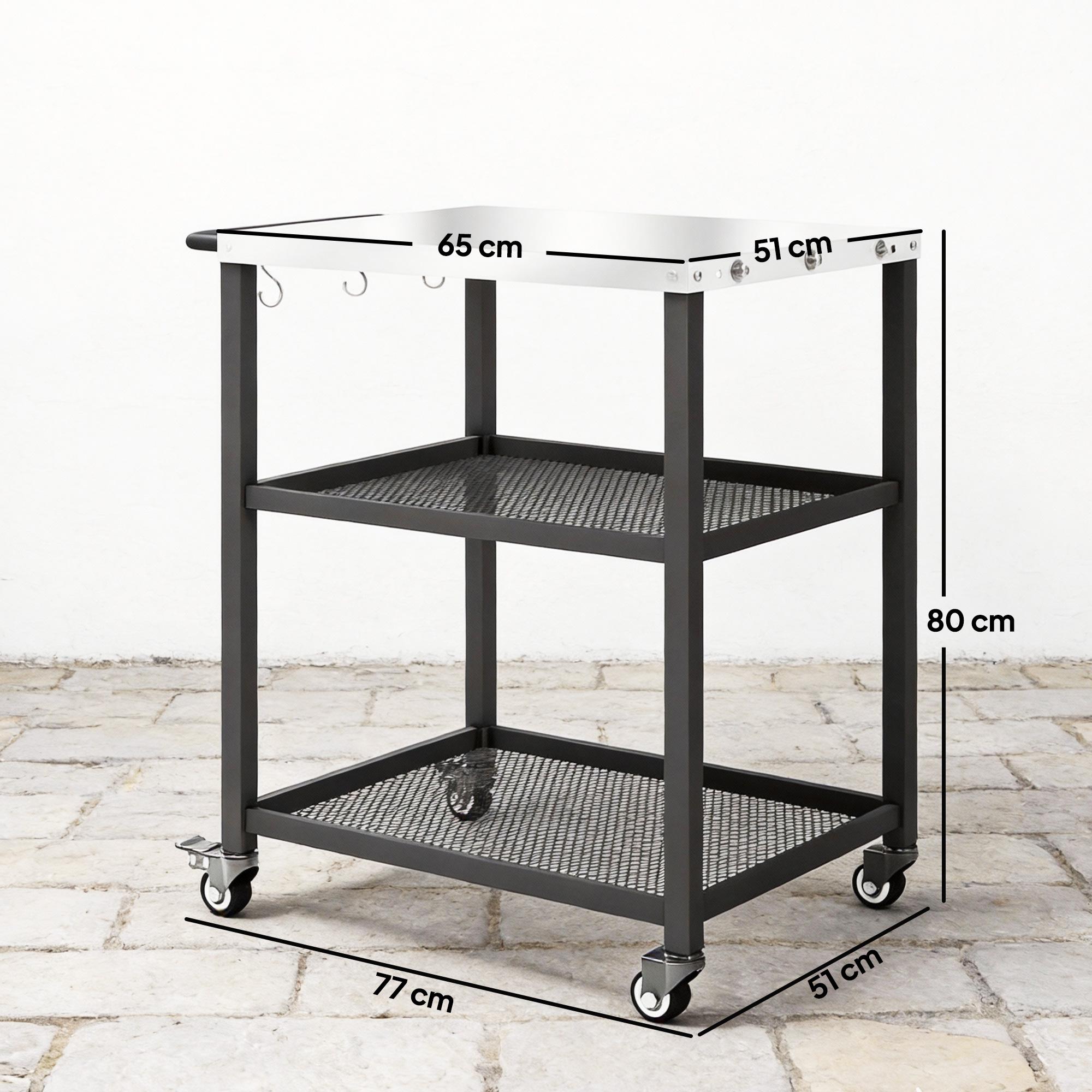 Grillwagen 3-Etagen Servierwagen mit Arbeitsfläche verstellbar Ablagen Haken Räder 77 x 51 x 80 cm Schwarz