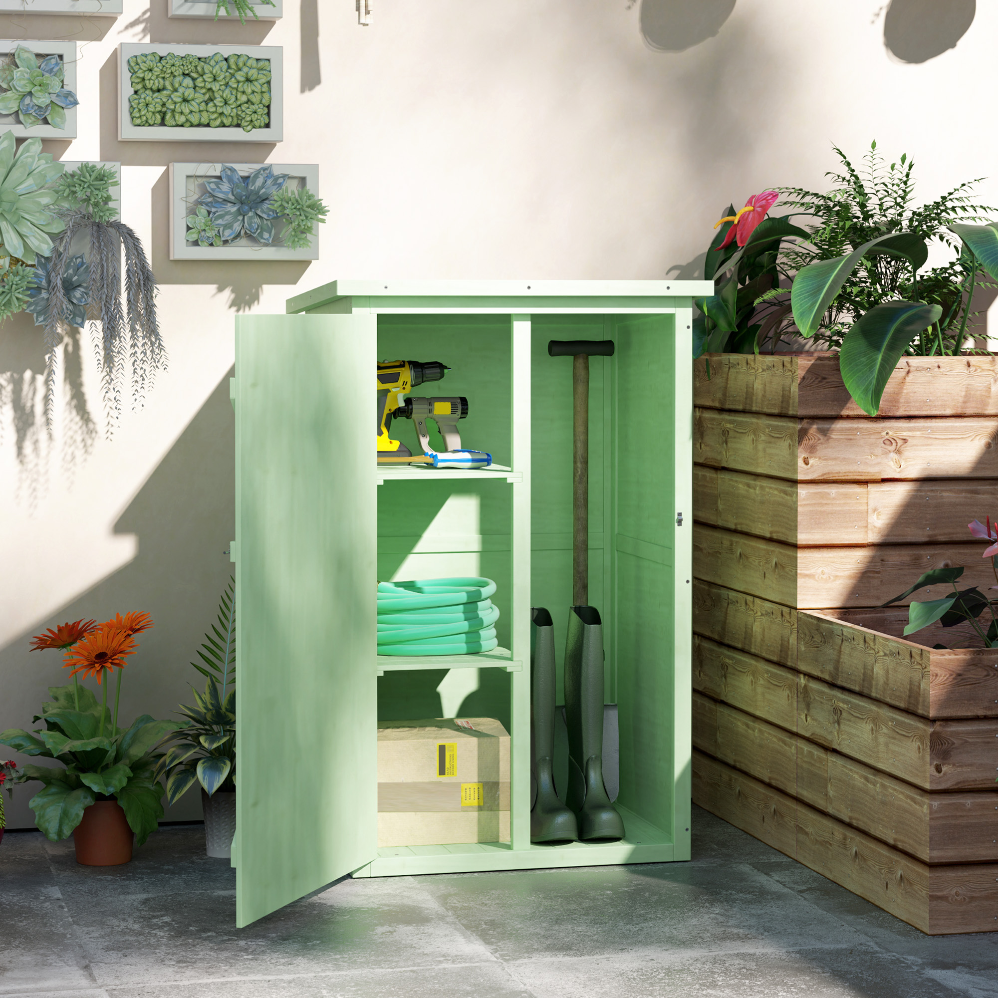 Gartenschrank Holz Geräteschuppen mit Ablage Abschließbar Tür Bodenplatte Asphalt-Pultdach 75 x 56 x 115 cm