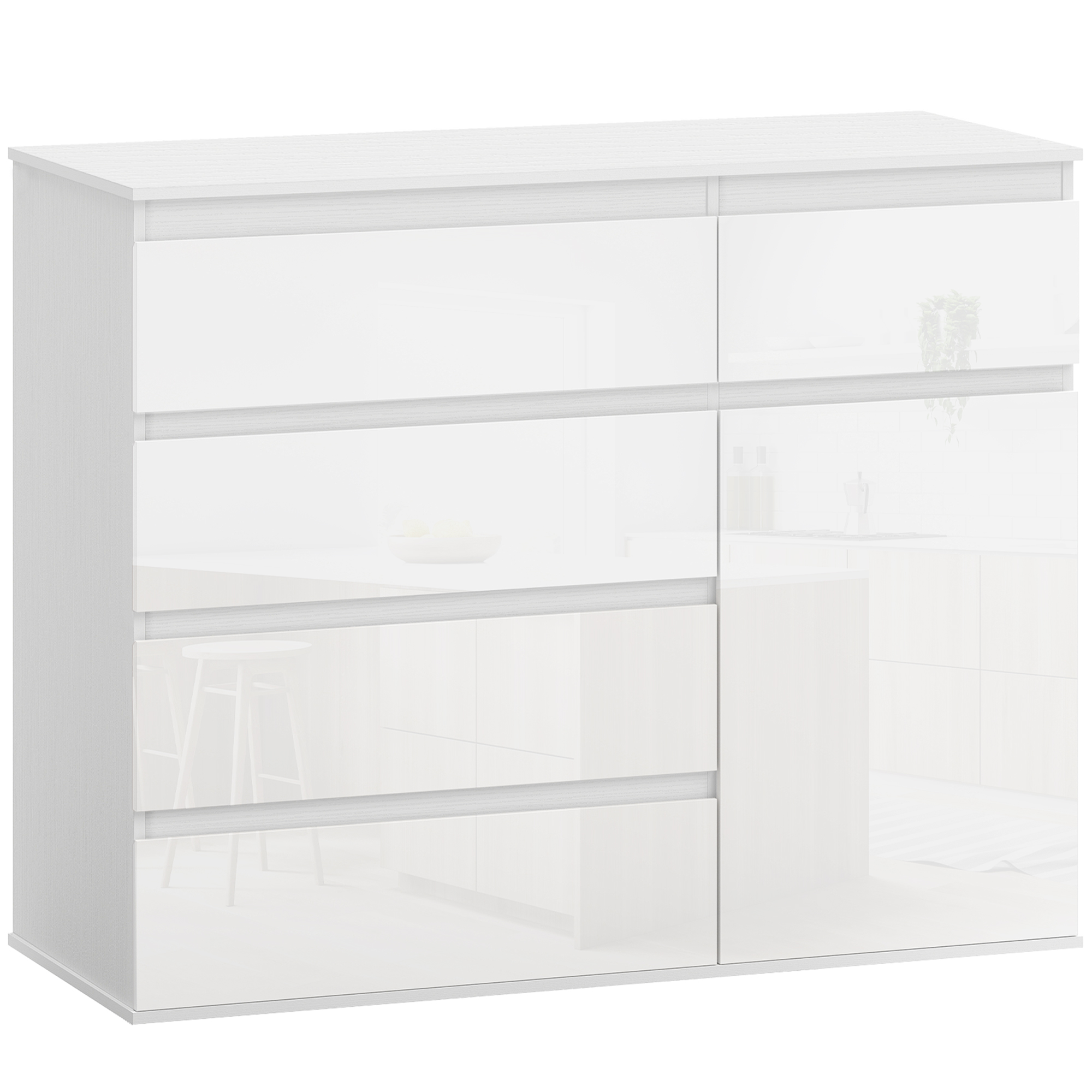 Modernes Sideboard, Stauraum-Sideboard mit 5 Schubladen, verstellbarem Regal, Soft-Close-Tür, Weiß Hochglanz