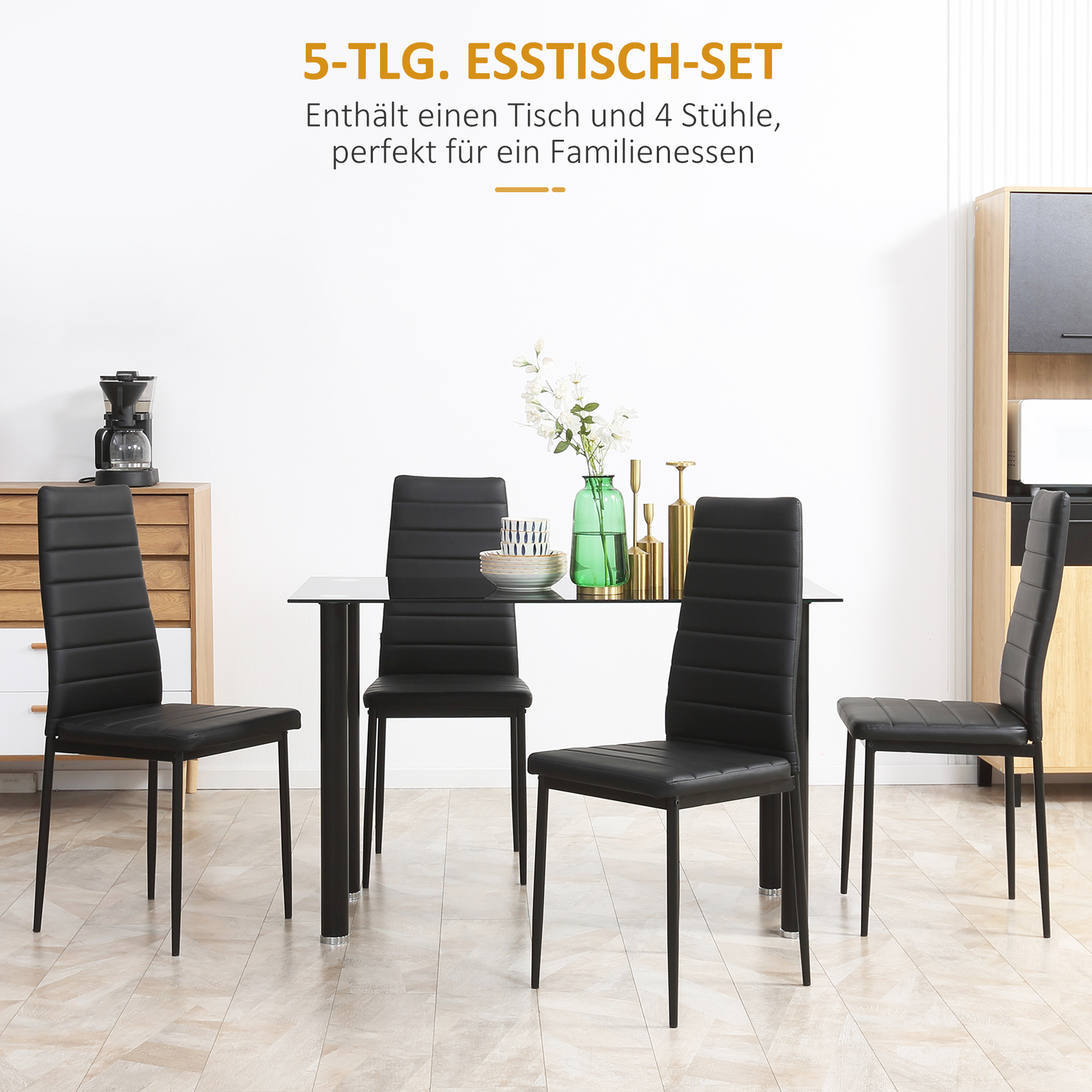 5-tlg. Essgruppe Sitzgruppe Esstisch mit 4 Stühlen, modernes Design, Glastisch, Schwarz