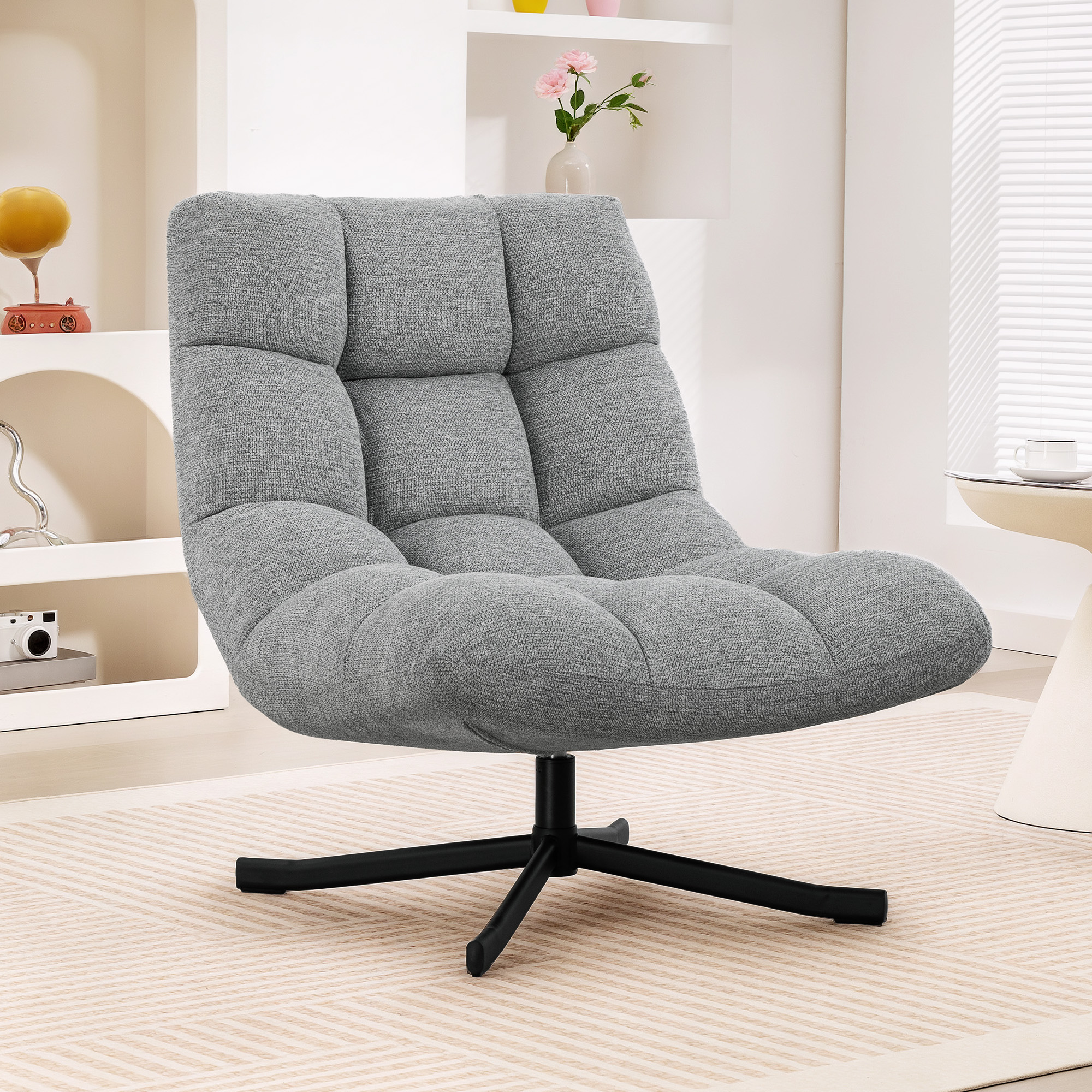Sessel Drehbar Loungesessel mit Breiter Sitzfläche, wasserabweisend Chenille-Optik, gekreuzt Stahlbeine, Grau