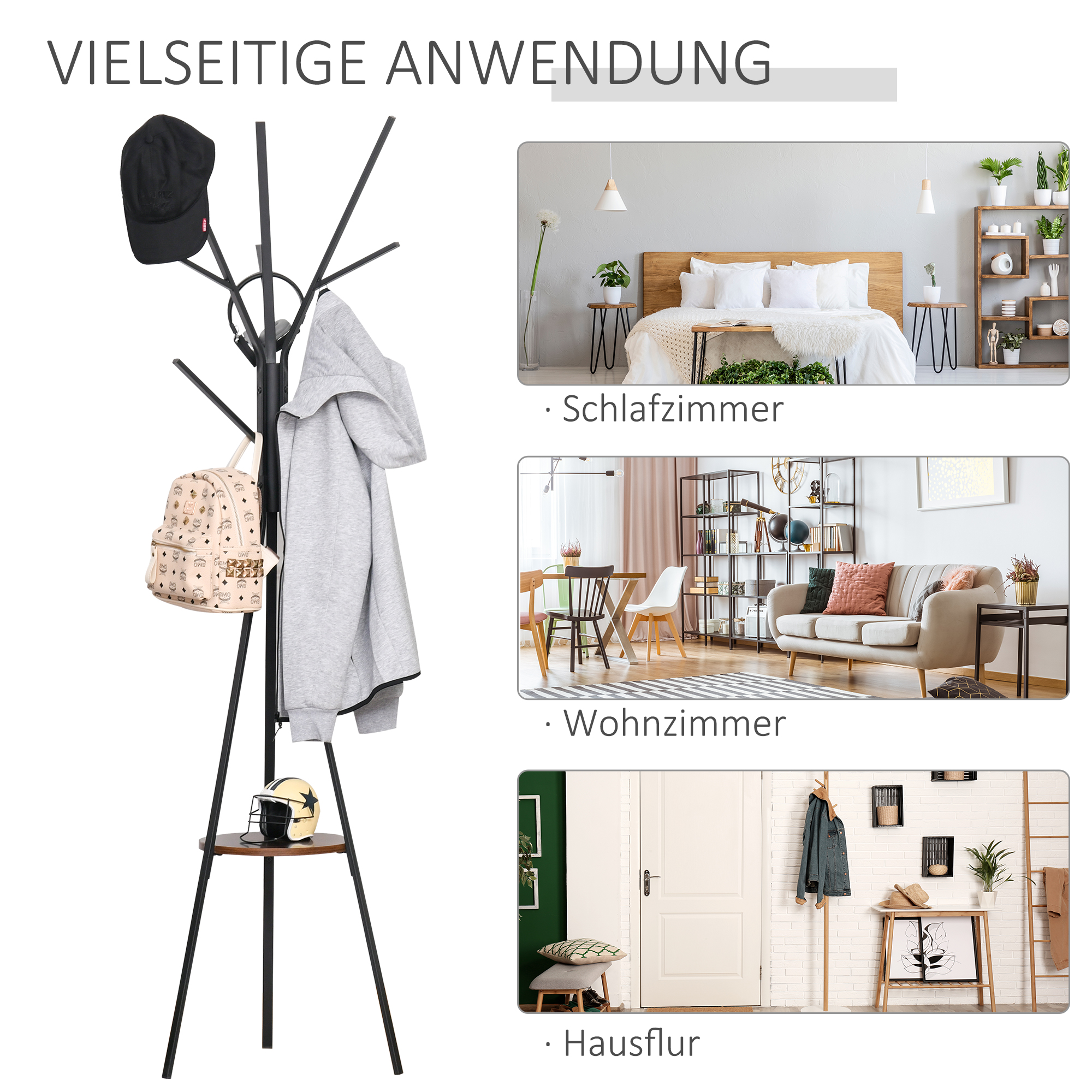 Garderobenständer im Skandidesign, Kleiderständer, 7 Kleiderhaken, Schwarz + Braun