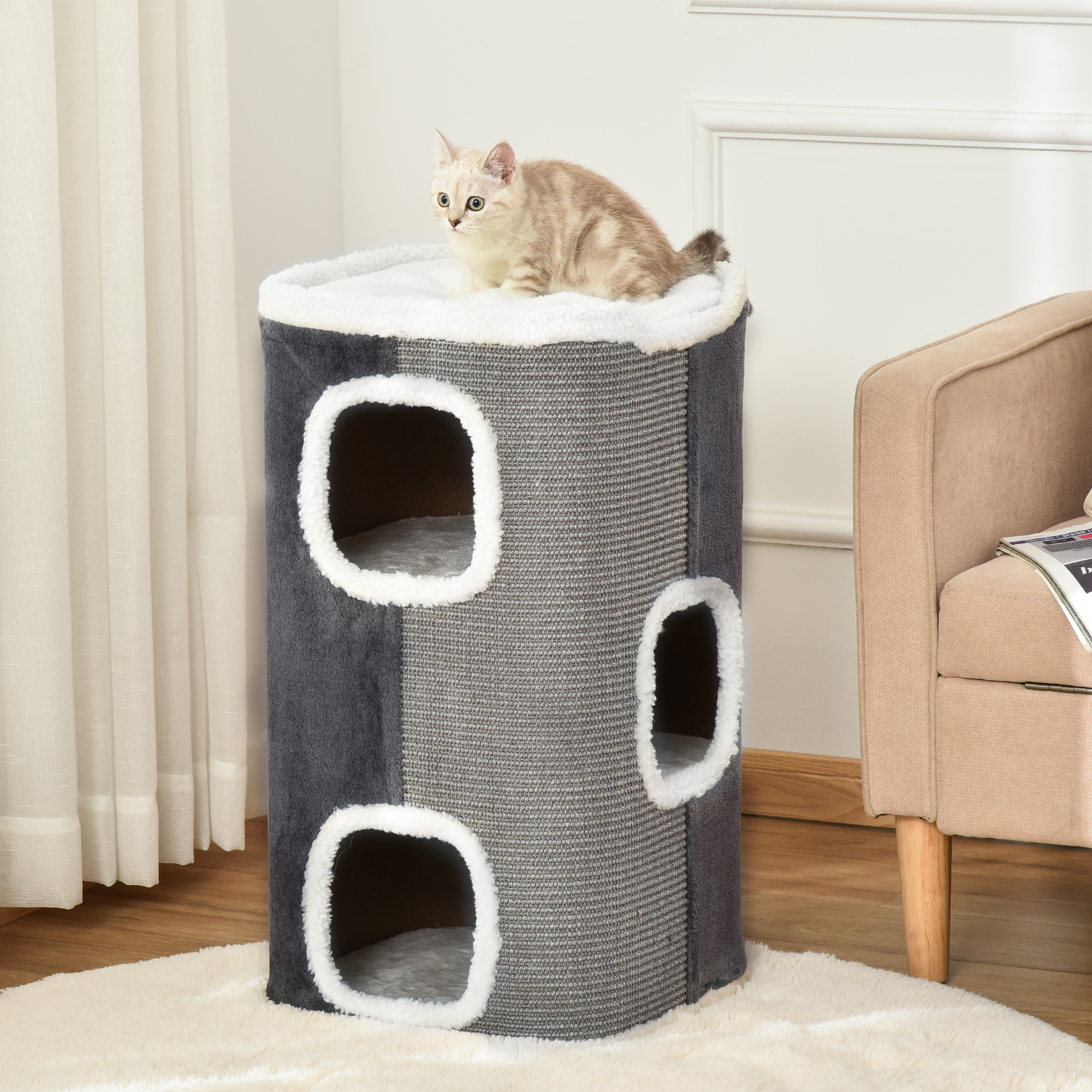 Kratztonne für Katzen Katzenkratzbaum 3 Ebenen Katzenbaum Kletterbaum für Katzen Katzenmöbel Spanplatte samtartiges Polyester Sisal Grau+Weiß 40 x 40 x 74 cm