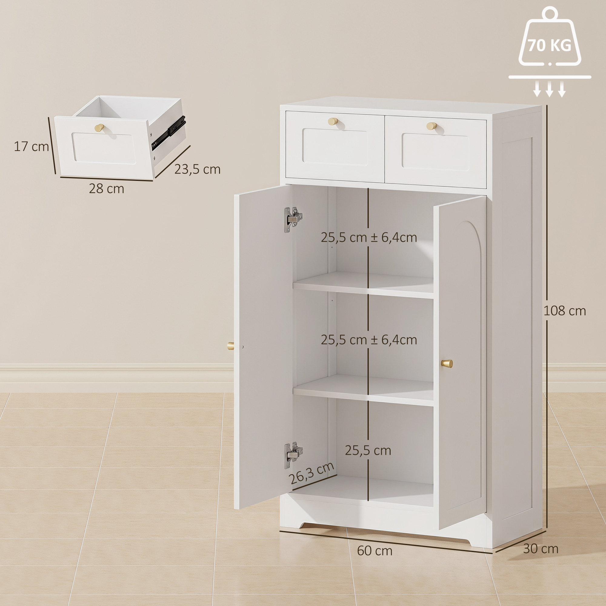 Badezimmerschrank Badschrank schmal mit 2 Schubladen, verstellbarem Einlegeboden 60 x 30 x 108 cm Weiß