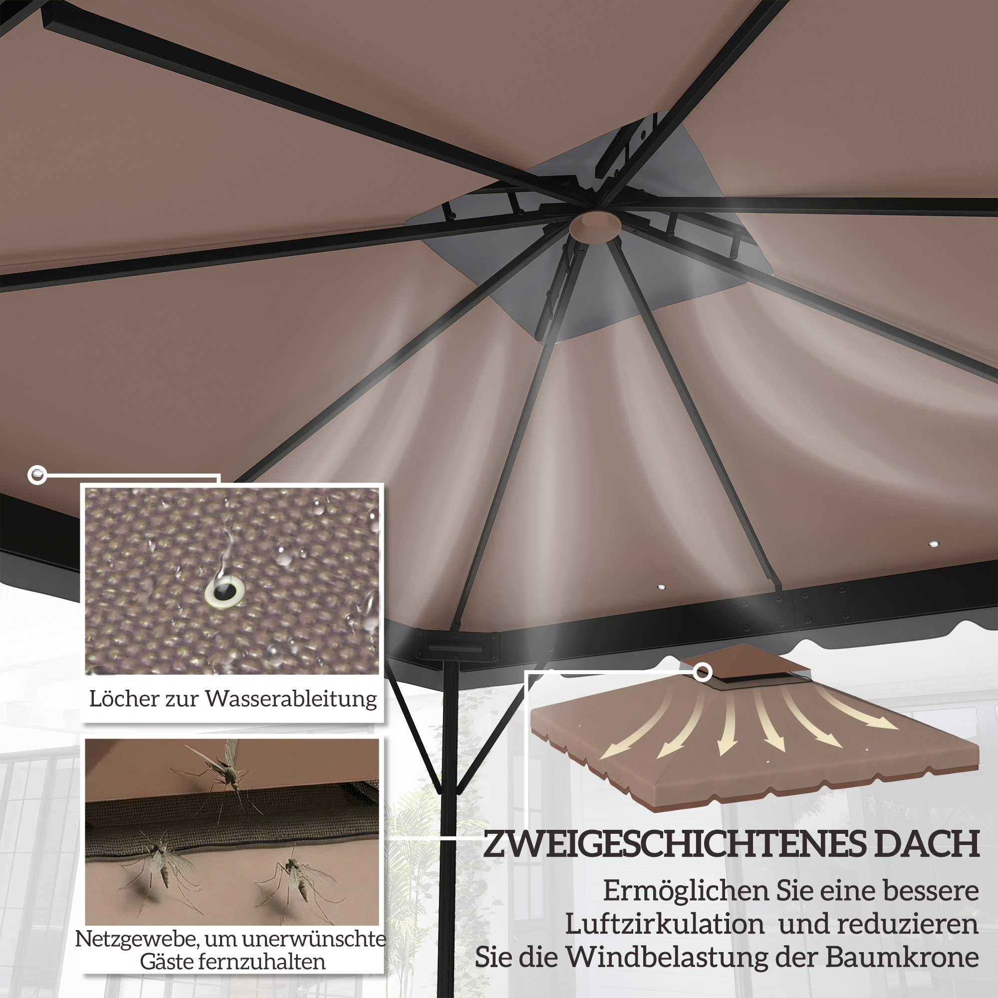 Ersatzdach für Pavillon 3x3m Wasserabweisend Pavillondach mit Doppeldach Wasserablauflöchern Khaki