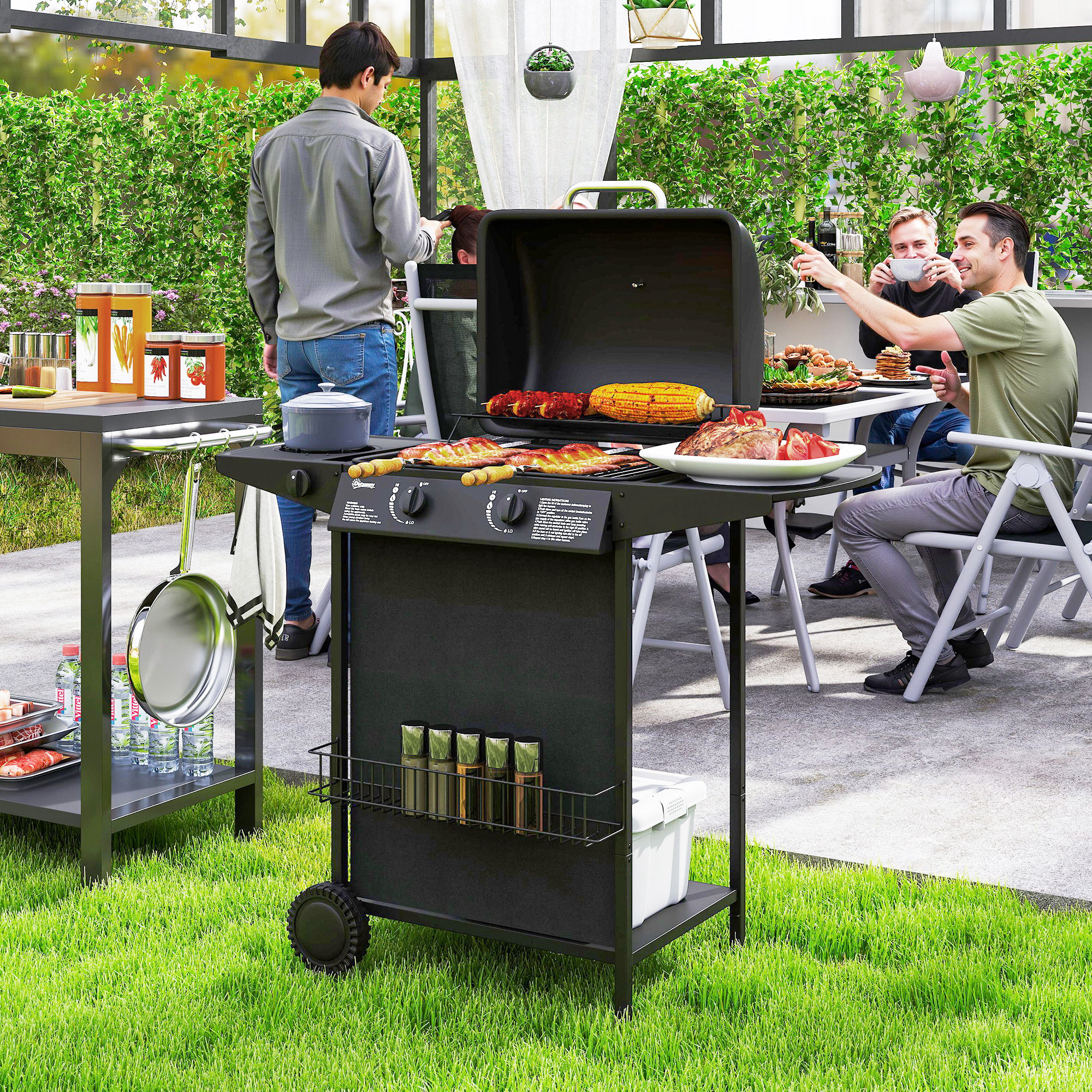 Gasgrill 7 KW Grillwagen inkl 3 Brenner Seitenkocher Rolle Deckel 107 x 54 x 96 cm Schwarz