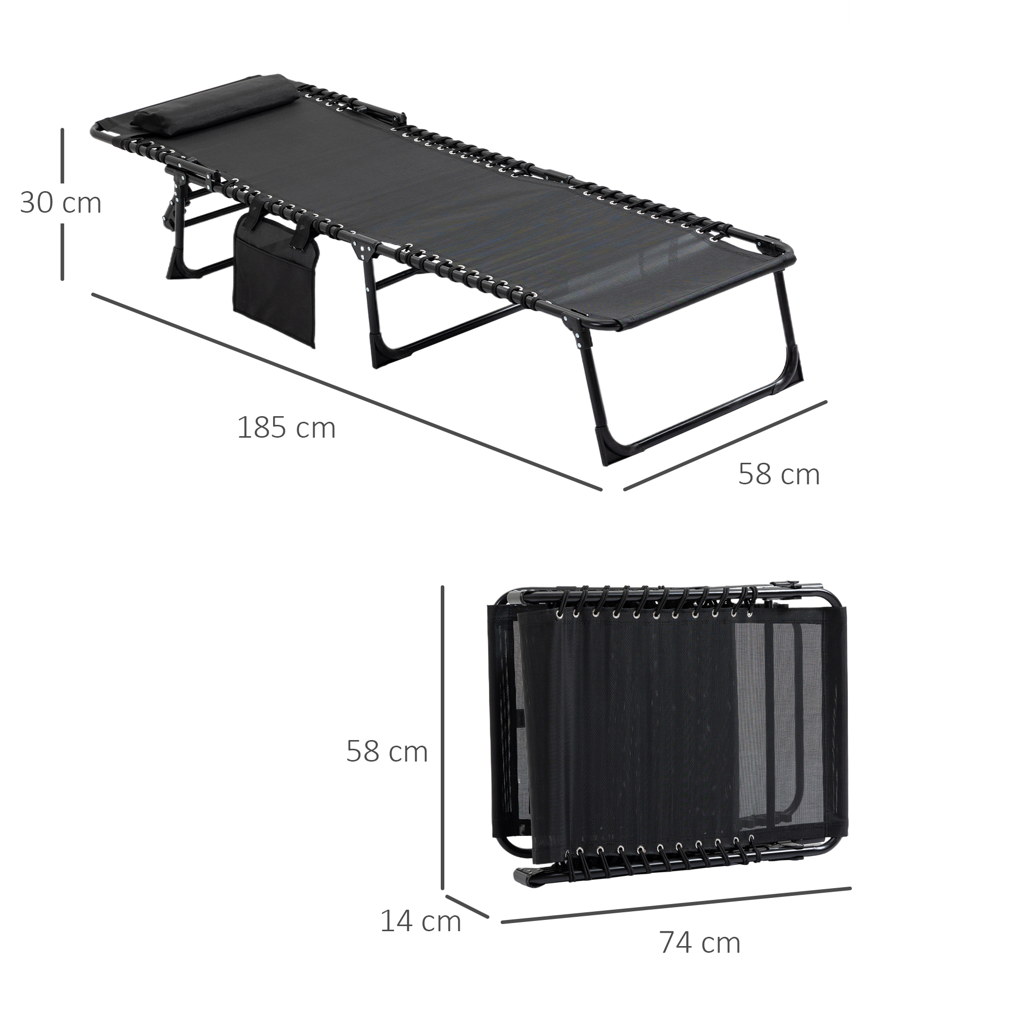 Liegestuhl, Zusammenklappbare Liege mit Nackenkissen, Stahlrahmen, Netzstoffbezug, 120 kg Belastbarkeit, Schwarz