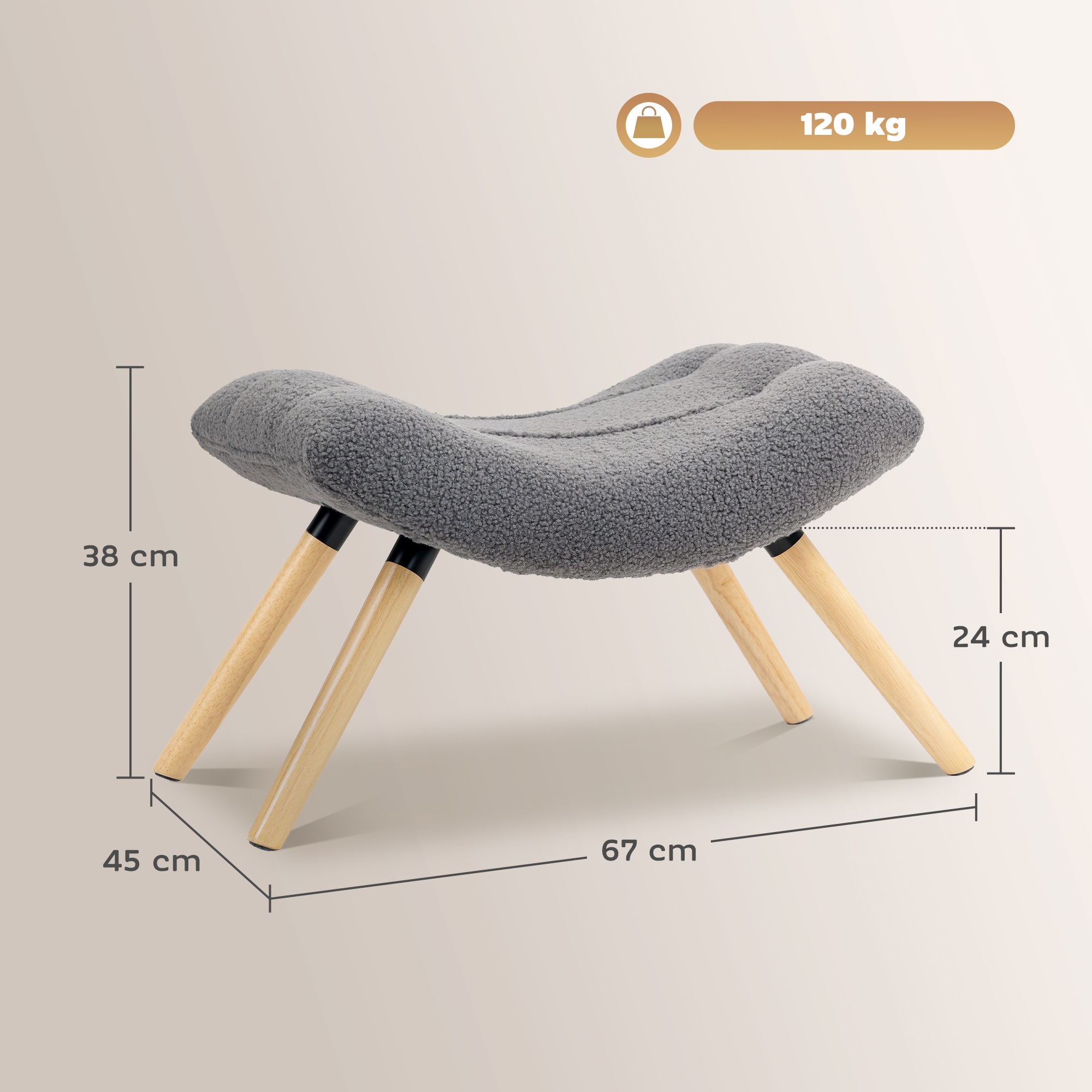 moderner Fußhocker mit Fleece-Bezug und Holzbeinen, gepolstert, für Wohnzimmer, Schlafzimmer, Flur, Dunkelgrau