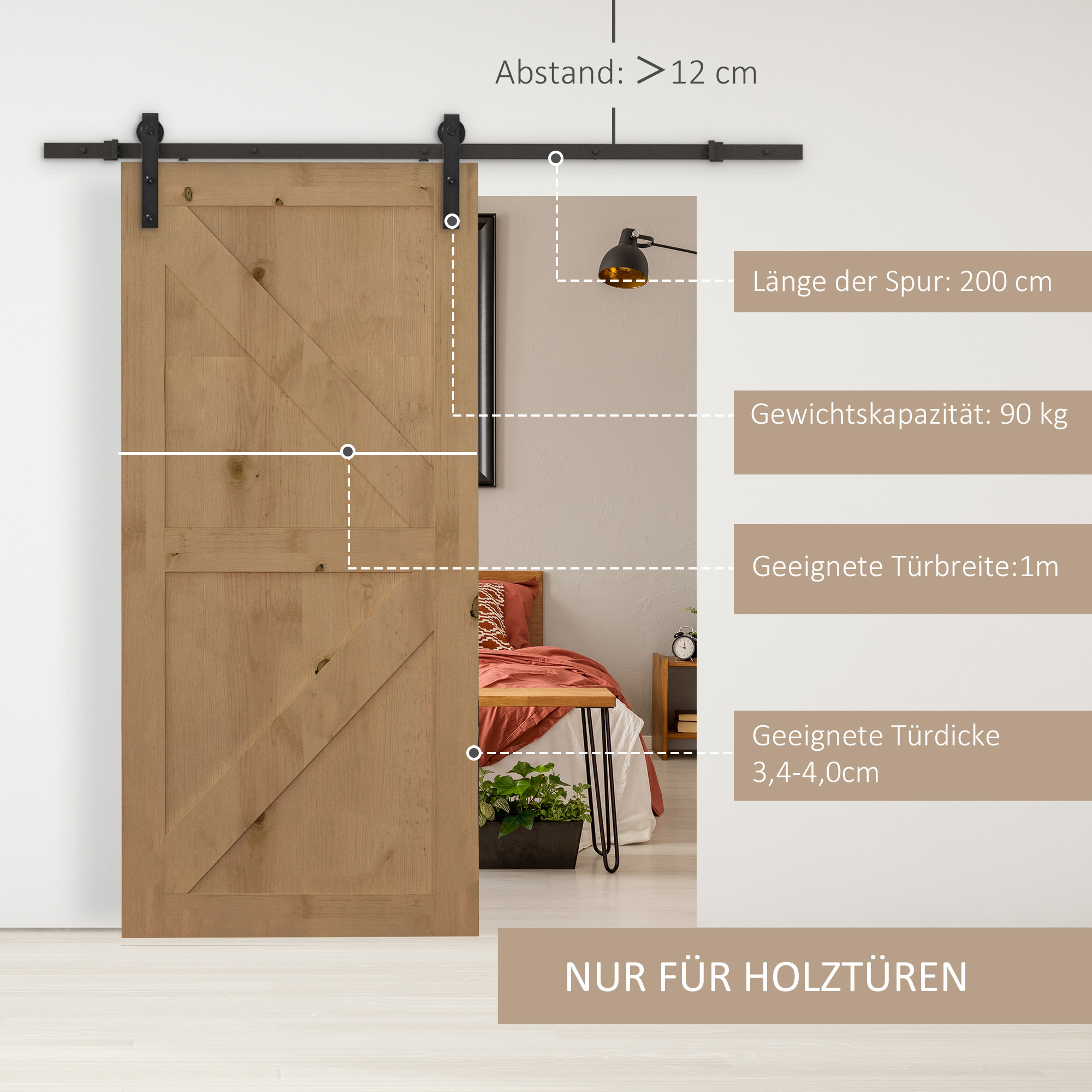 Gleitschienen-Bausatz für Schiebetür, bis 90 kg, Kohlenstoffstahl, 200 cm, Schwarz, inkl, Werkzeuge