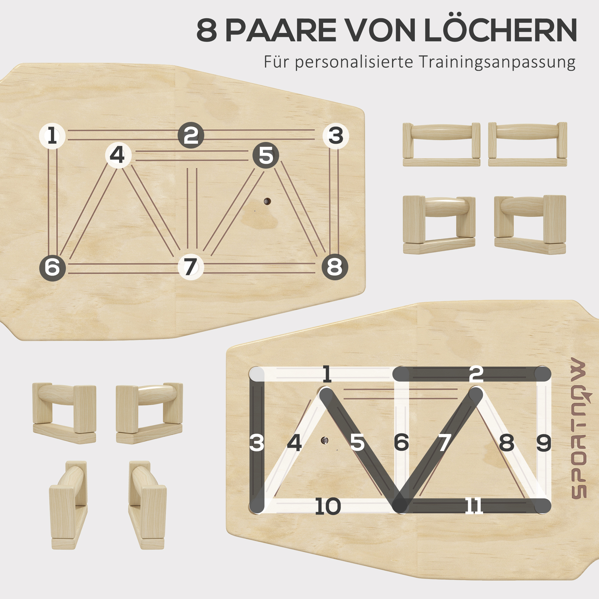 Push Up Bars Set, Liegestützgriffe mit Trainingsboard & Widerstandsbändern, Holz