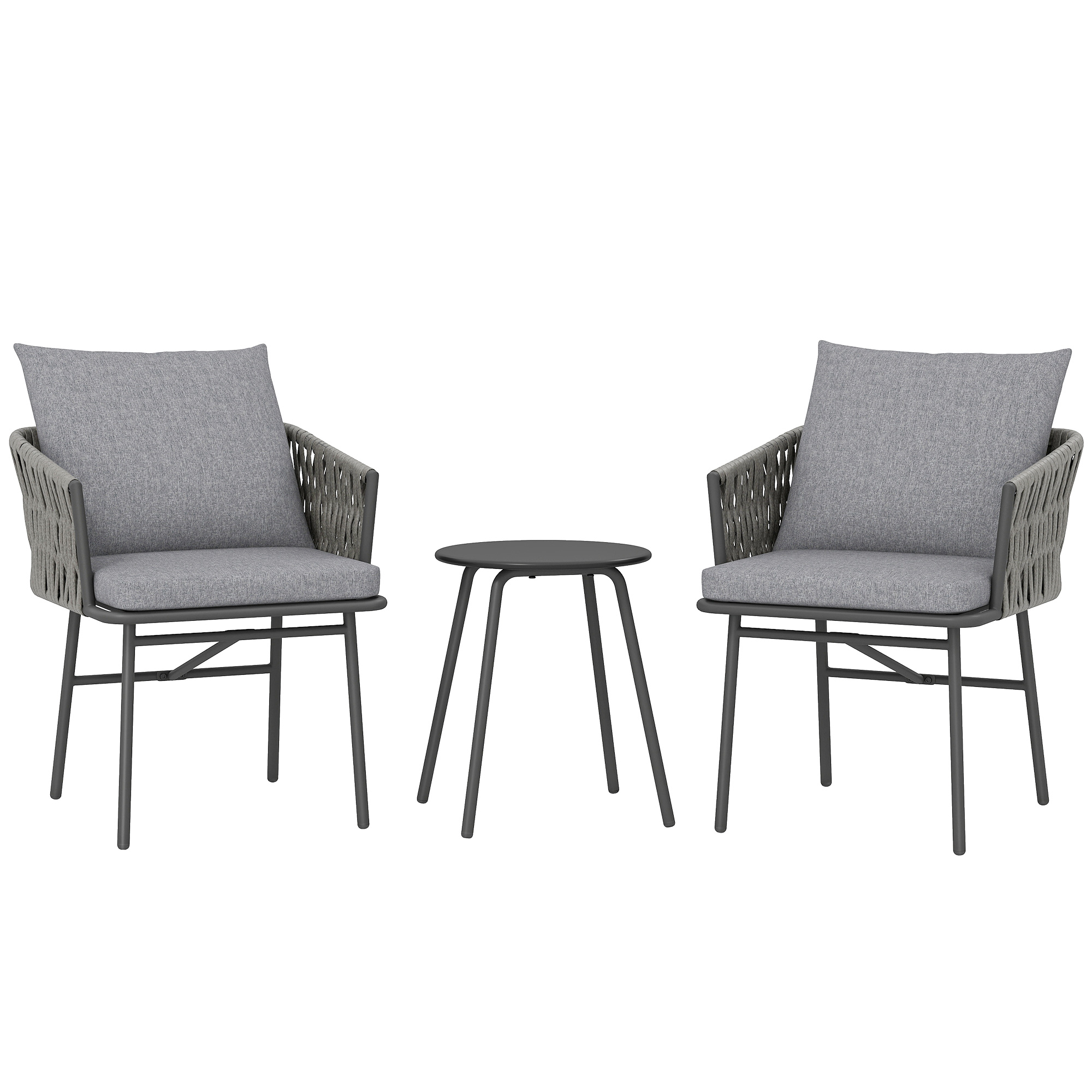 3-teiliges Außenmöbel-Set, 2 Stühle, 1 Tisch, Bistro-Set, Kunst-Rattan, Stahlrahmen, Metalltisch, 4 Kissen, Grau
