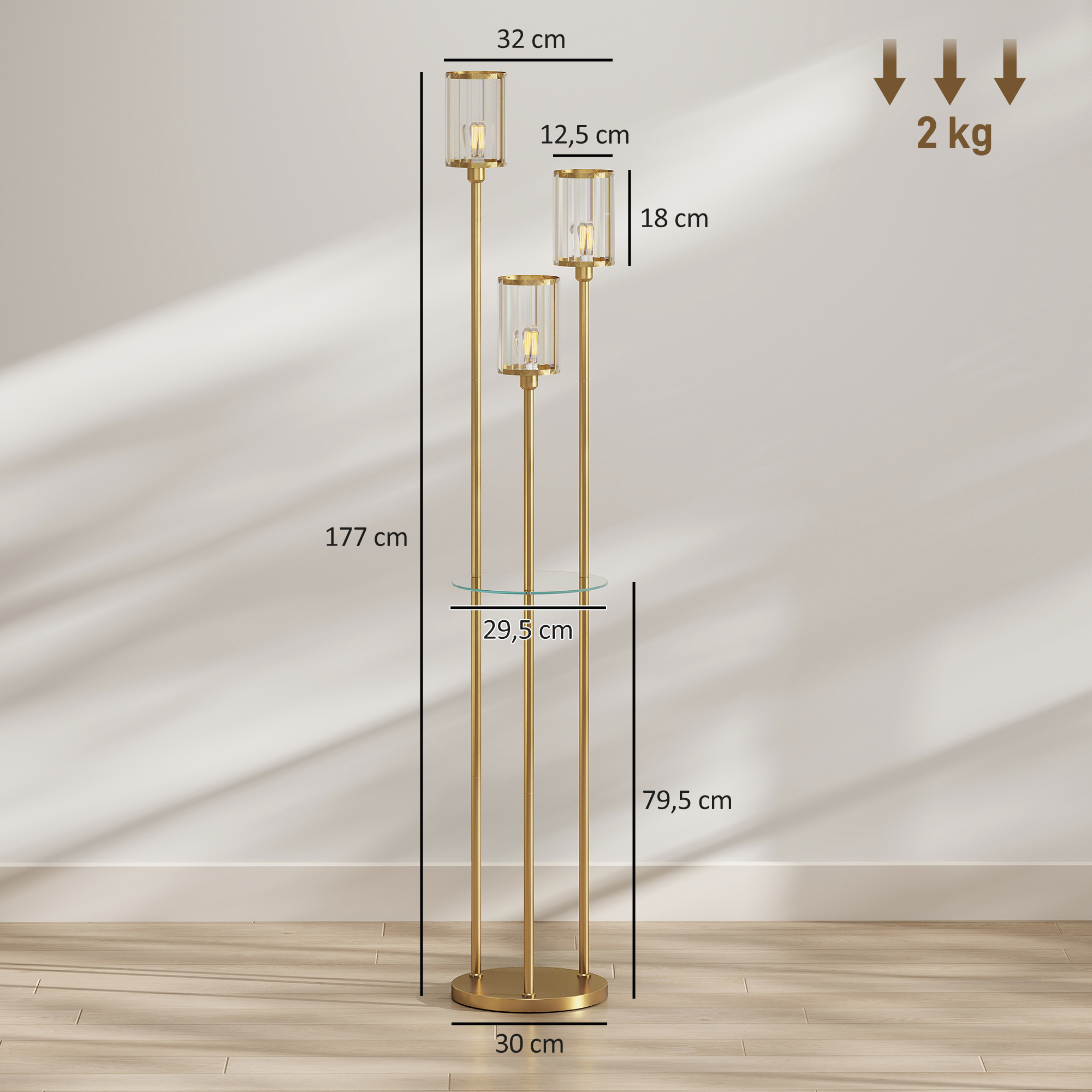 Stehlampe mit Regal mit 3-flammigen Glasschirmen Stehleuchte mit Glastisch 177 cm Gold