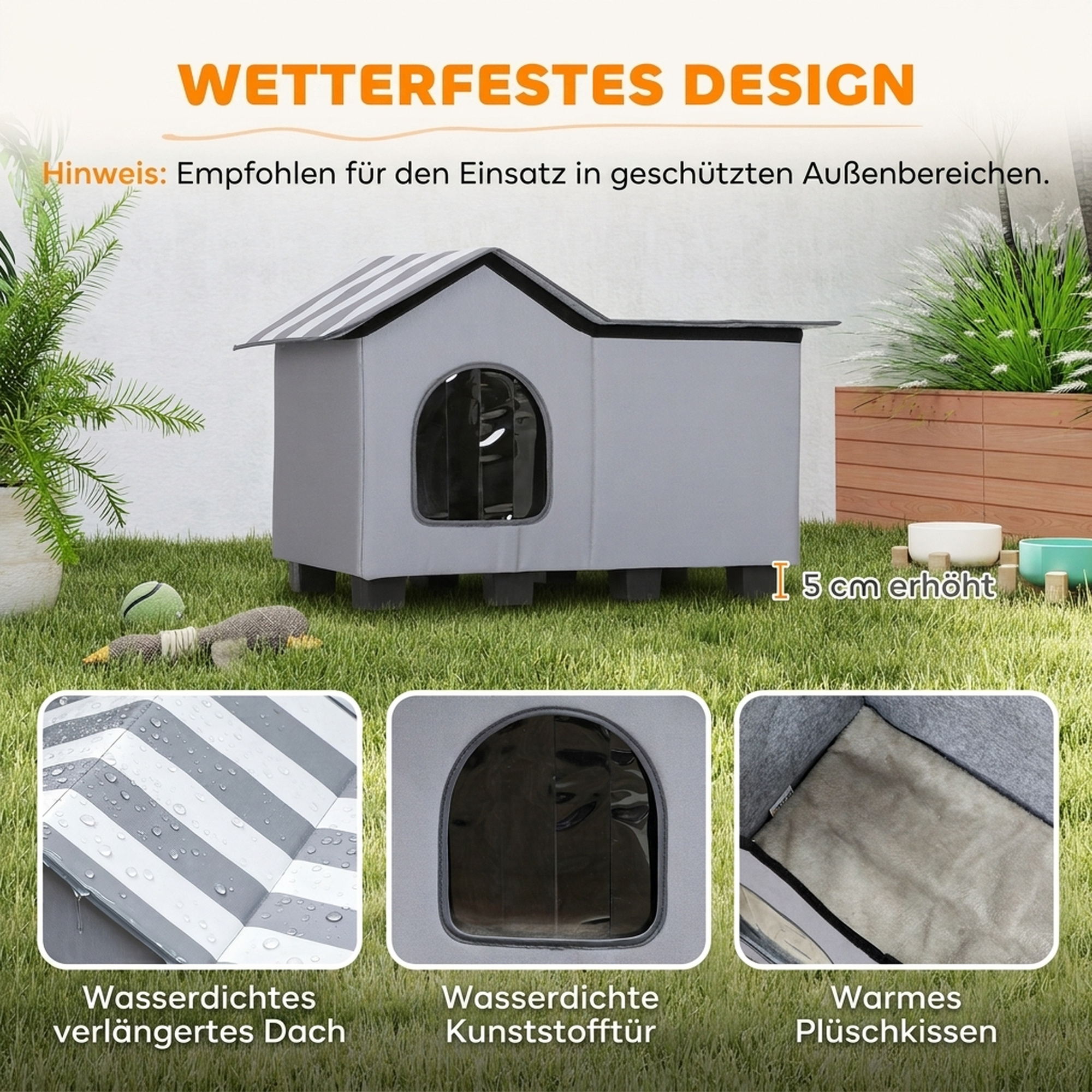 Katzenhaus Wasserabweisend Katzenhütte mit Abnehmbar Satteldach Wärmeisolierung Plattform 70x43x45 cm Oxforfstoff Grau