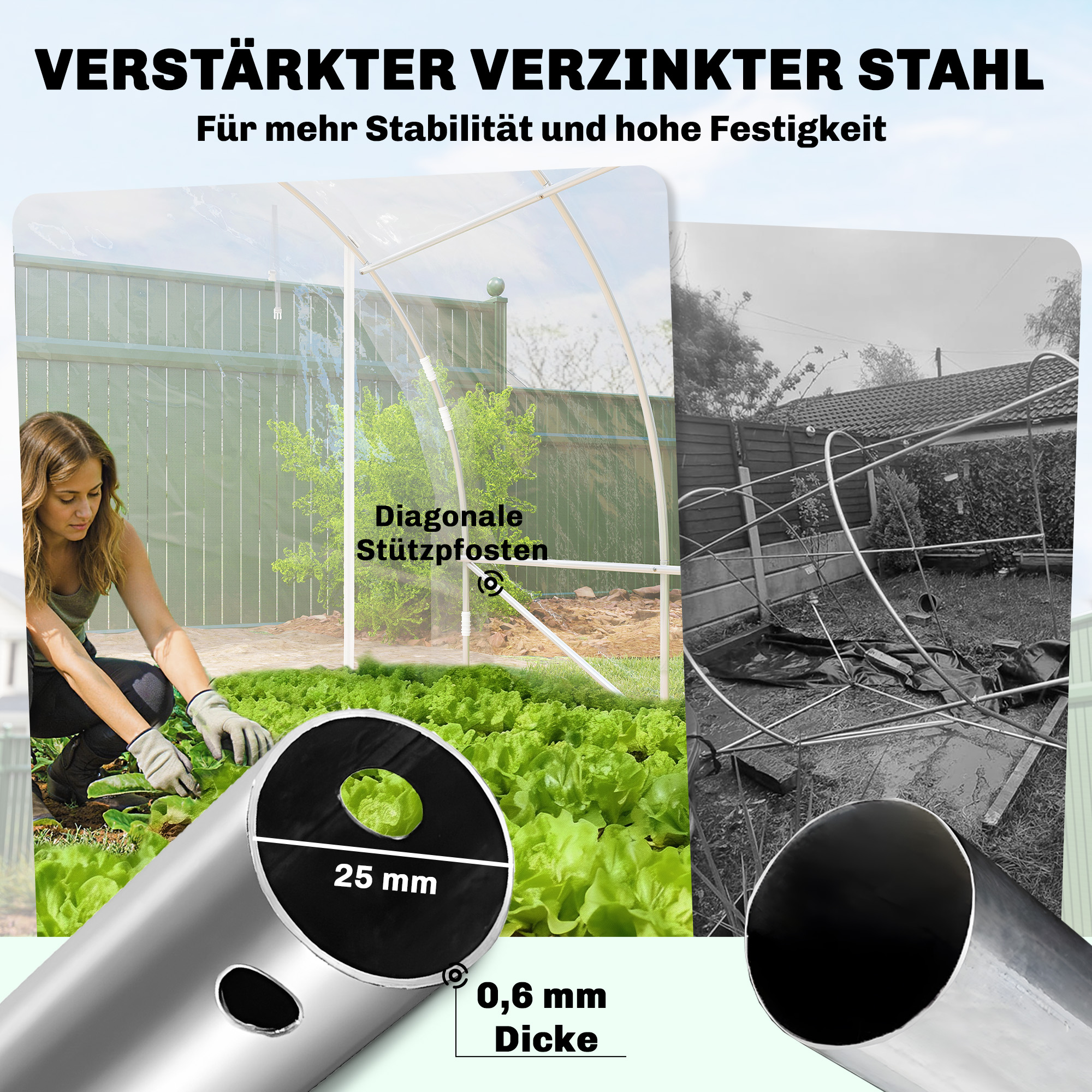 Polytunnel-Gewächshaus, begehbares Gewächshaus mit verzinktem Stahlrahmen und UV-beständiger PE-Abdeckung, transparent