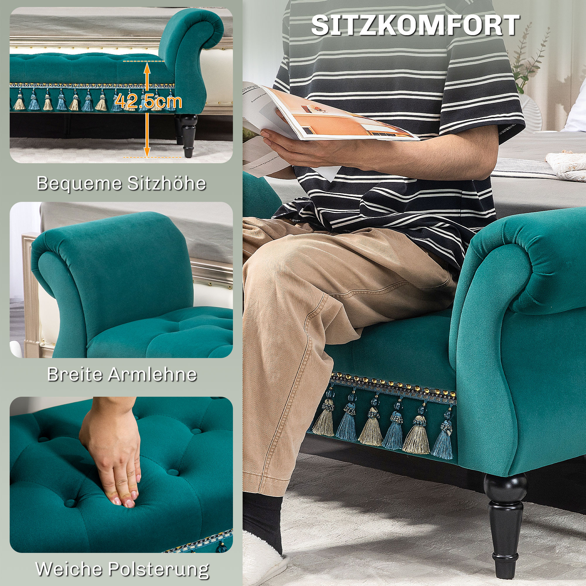 Polsterbank, Sitzbank, Vintage-Design, bis 150 kg, 117x40x58 cm, Grün