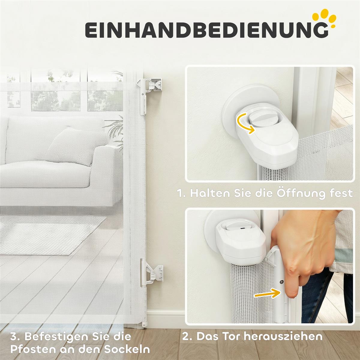 Treppenschutzgitter Türschutzgitter Ausziehbar 0-140 cm mit Einhandbedienung für Haustiere für Treppen Türen Weiß