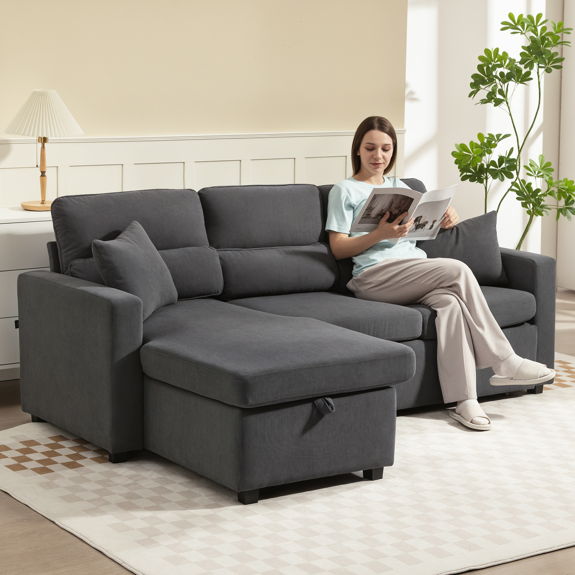 Verstellbares Bettsofa, L-förmiges Gästesofa mit Bettfunktion, Stauraum, Kissen, für Wohnzimmer, Gästezimmer, Dunkelgrau