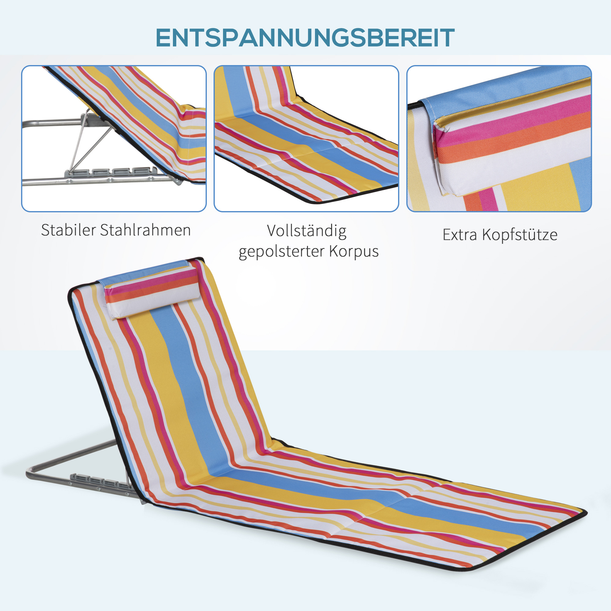2er-Set Strandmatte, verstellbar, faltbar, 124L x 53B x 37-50H cm, Mehrfarbig