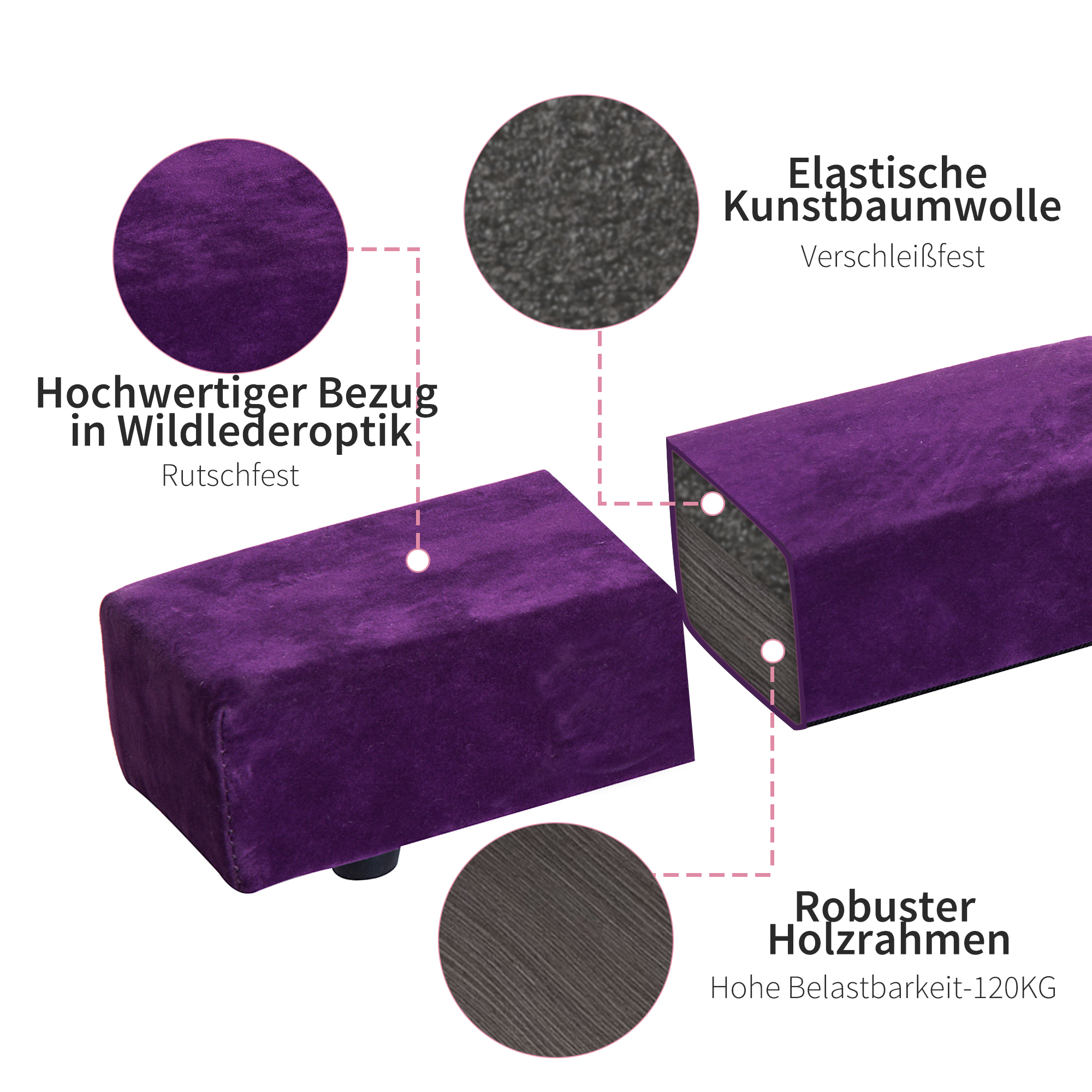 Faltbarer Schwebebalken, rutschfest, Wildlederbezug, robustes Holz, 210 x 10 x 6,5 cm, Violett