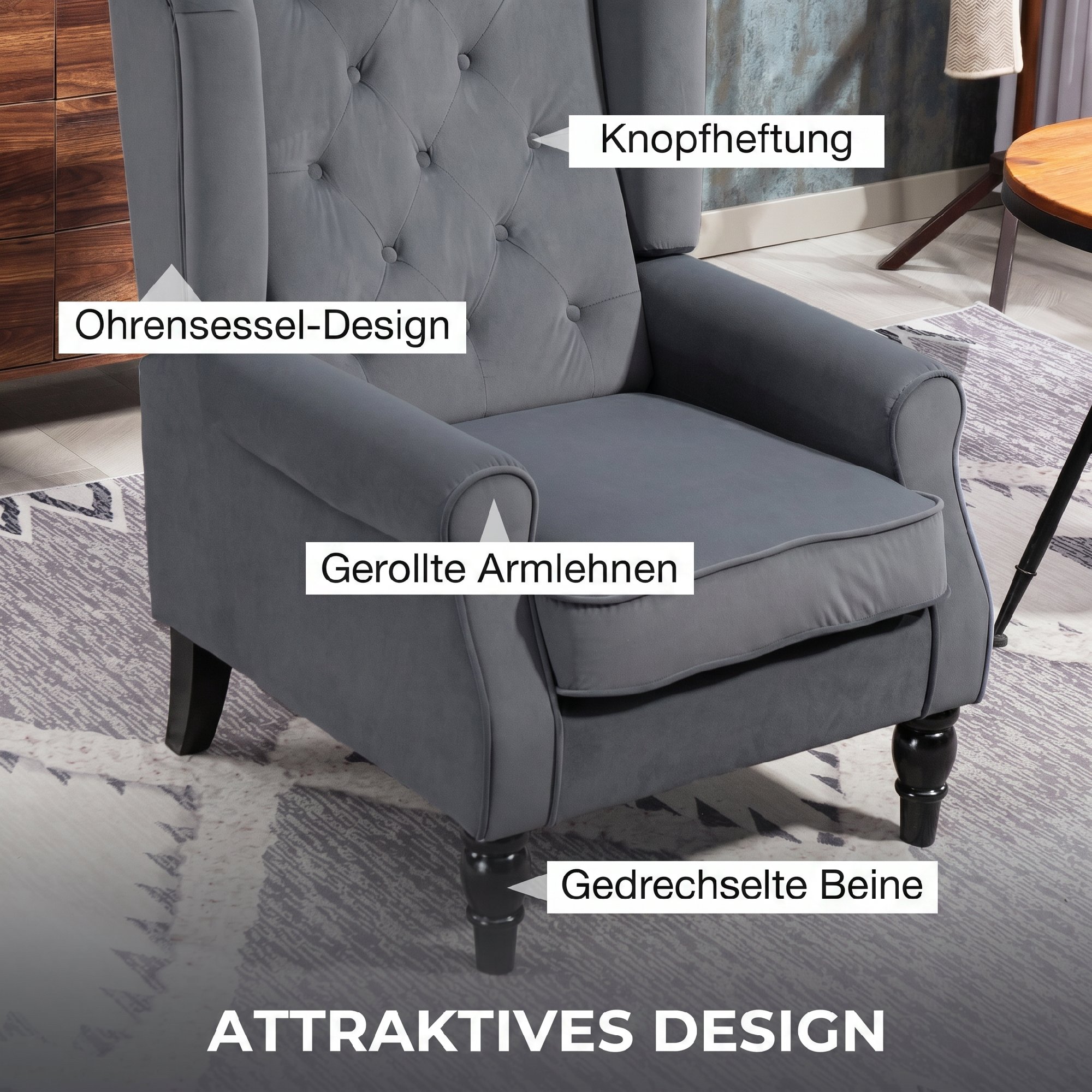 Ohrensessel Relaxsessel Sessel, Vintage-Design, Knopfheftung, gedrechselte Beine, 74 cm x 86 cm x 102 cm, Grau