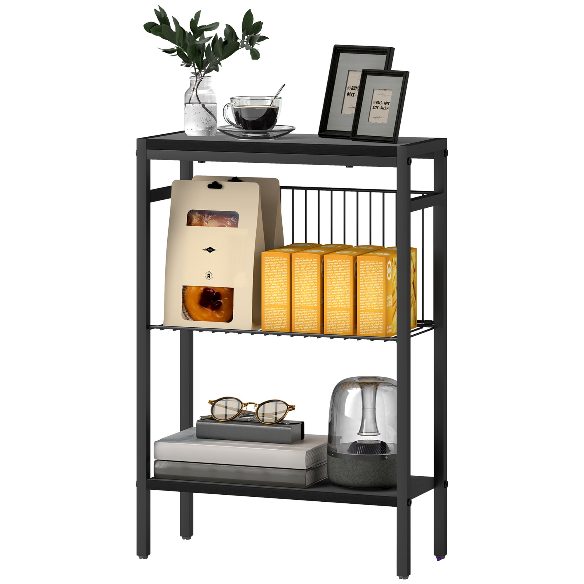Beistelltisch, 3-stufiges Design, Regale in Holzoptik, Stahlrahmen, Schwarz