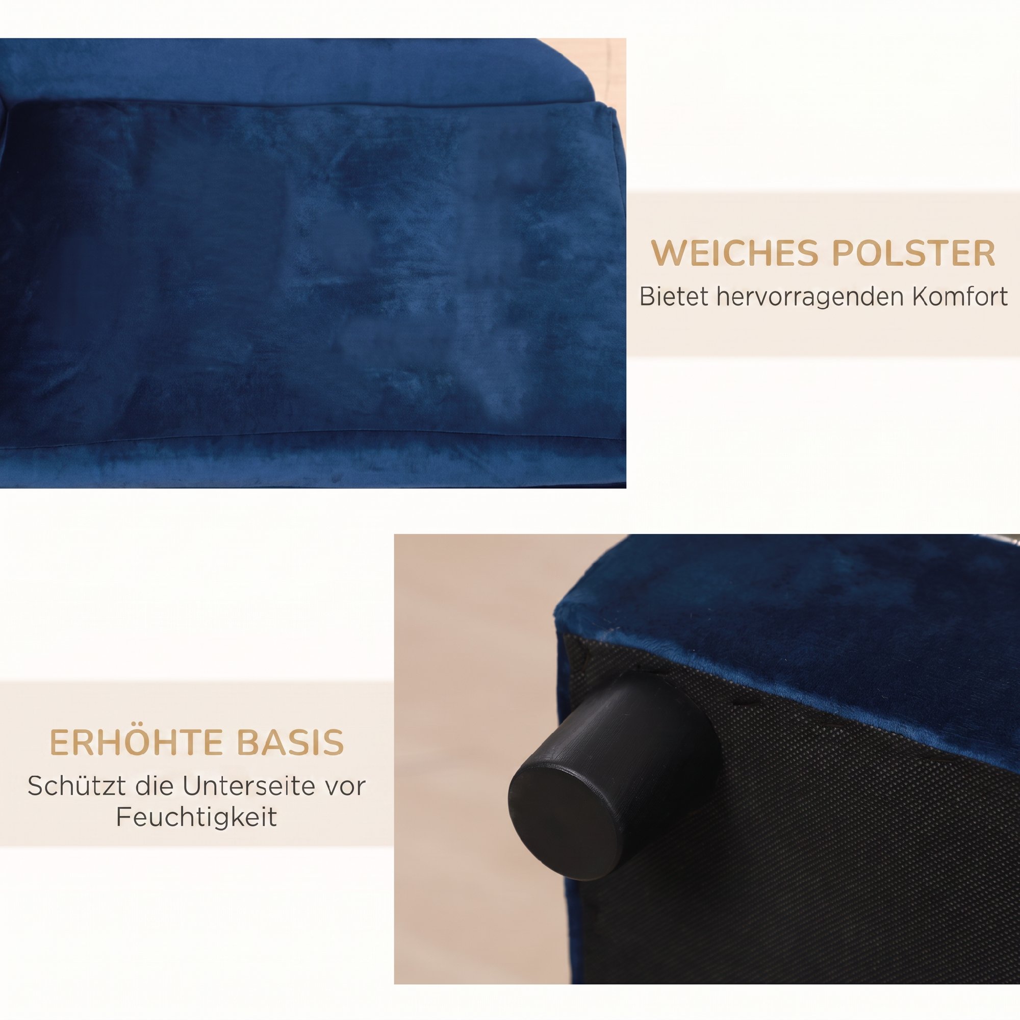 Haustiersofa mit Stauraum, weichem Kissen, bis 15 kg Tragkraft, Plüschbezug, Hartholzrahmen, Blau