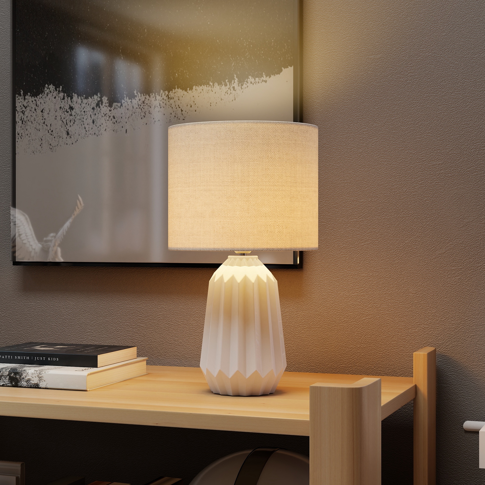 Tischlampe, Tischleuchte, Nachttischlampe mit Leinenschirm, Wippschalter, Schreibtischlampe, 22 x 22 x 39 cm, Weiß