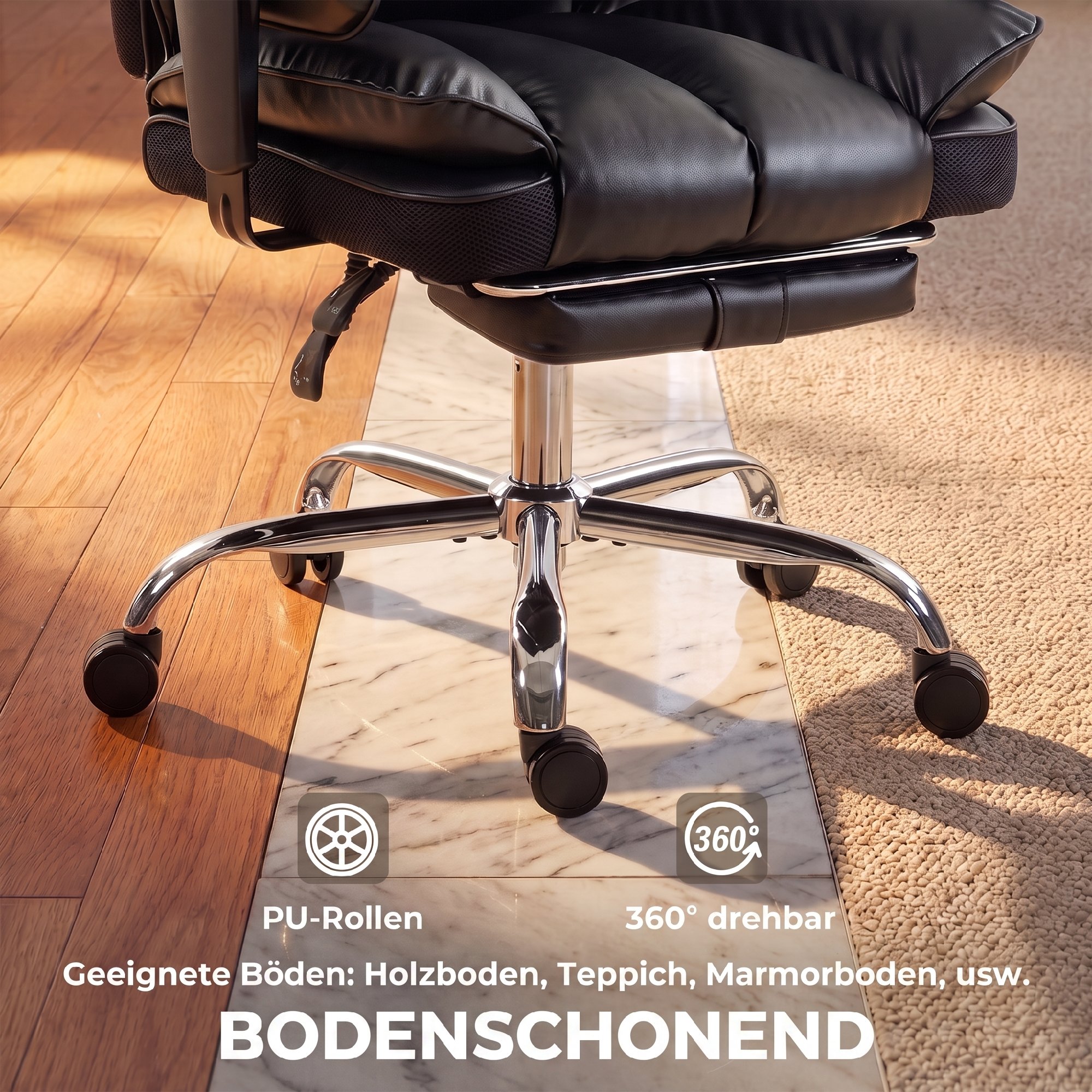 Chefsessel aus Kunstleder bis 180 kg, großer Bürostuhl mit Taschenfederkern und Liegefunktion, schwarz