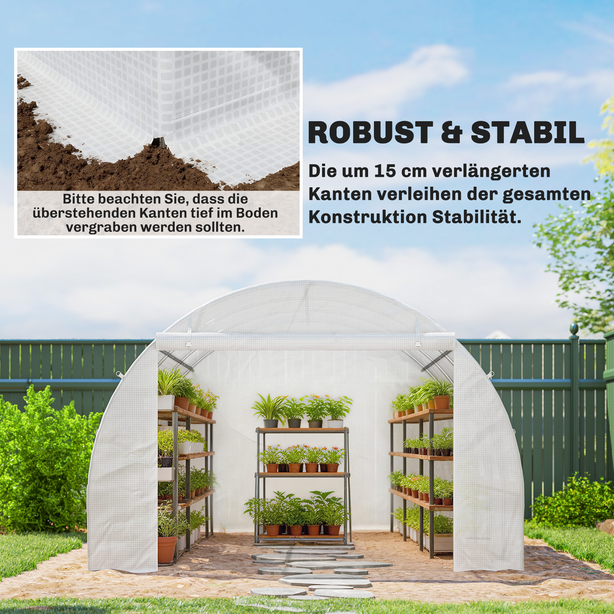 Gewächshausfolie 3 x 3 m, wasserdicht Polyethylenfolie mit Rolltür, 6 Fenster, UV Schutz Weiß