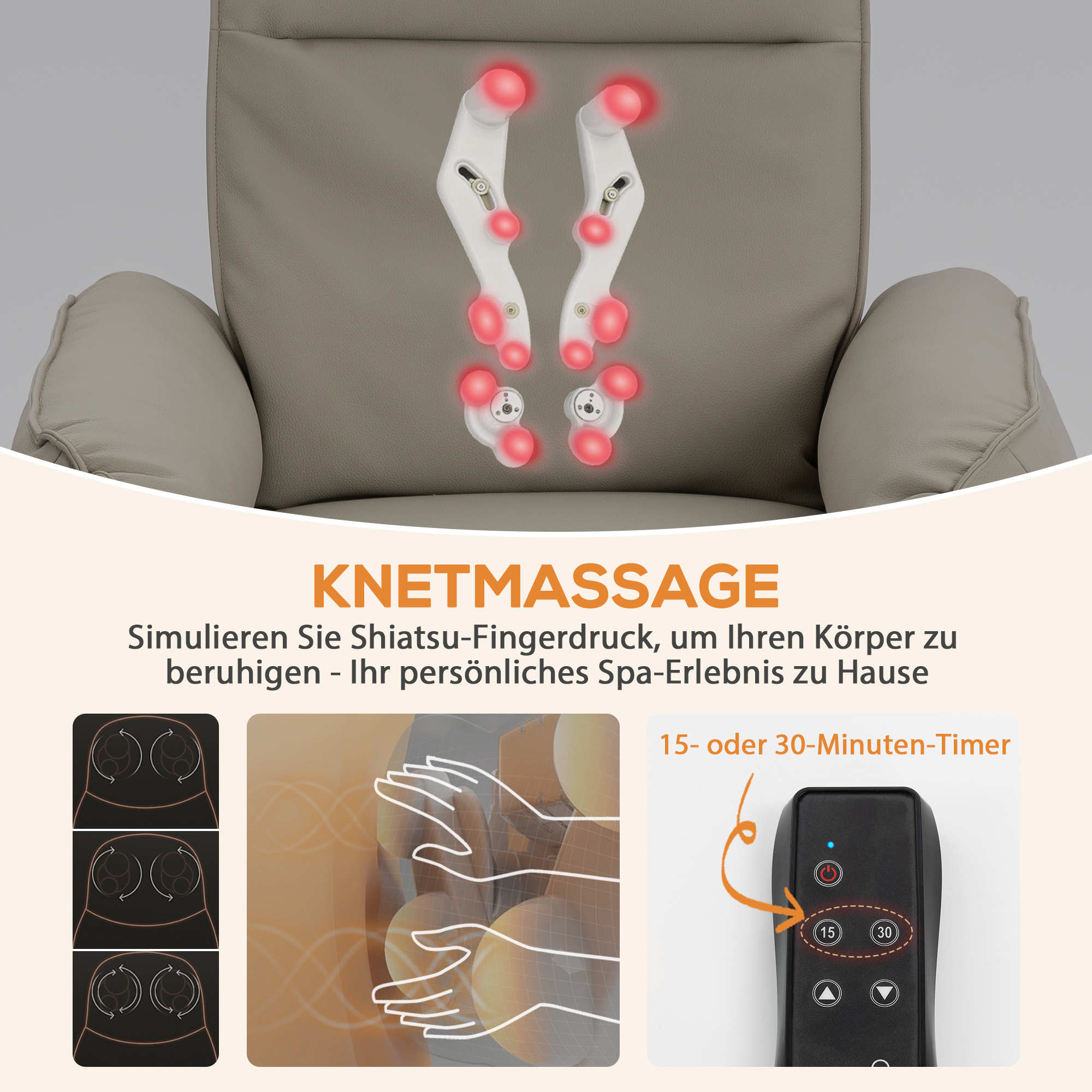 Elektrischer Massagesessel, Kunstlederbezug, Fußstütze, Seitentasche, Beige