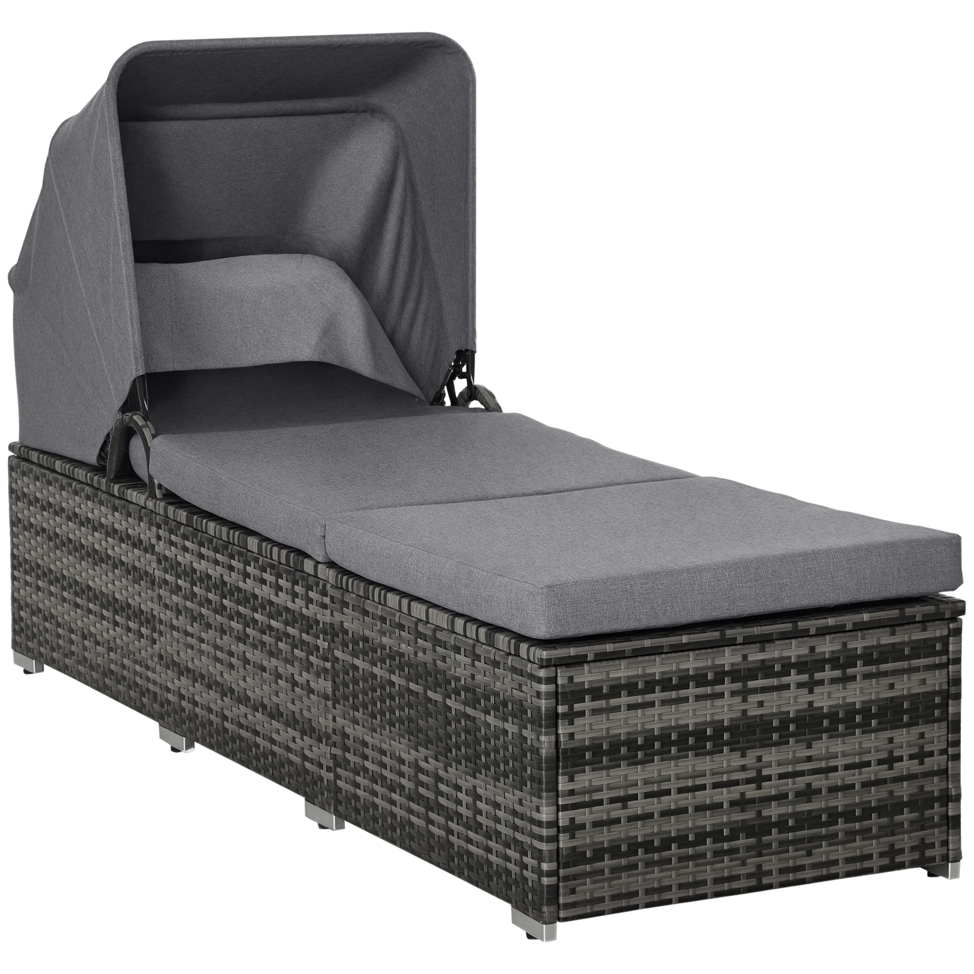 Sonnenliege aus Polyrattan mit Sonnendach Gartenliege verstellbar Rattanliege Gartenmöbel Liege mit Kissen Grau 195 x 65 x 40 cm