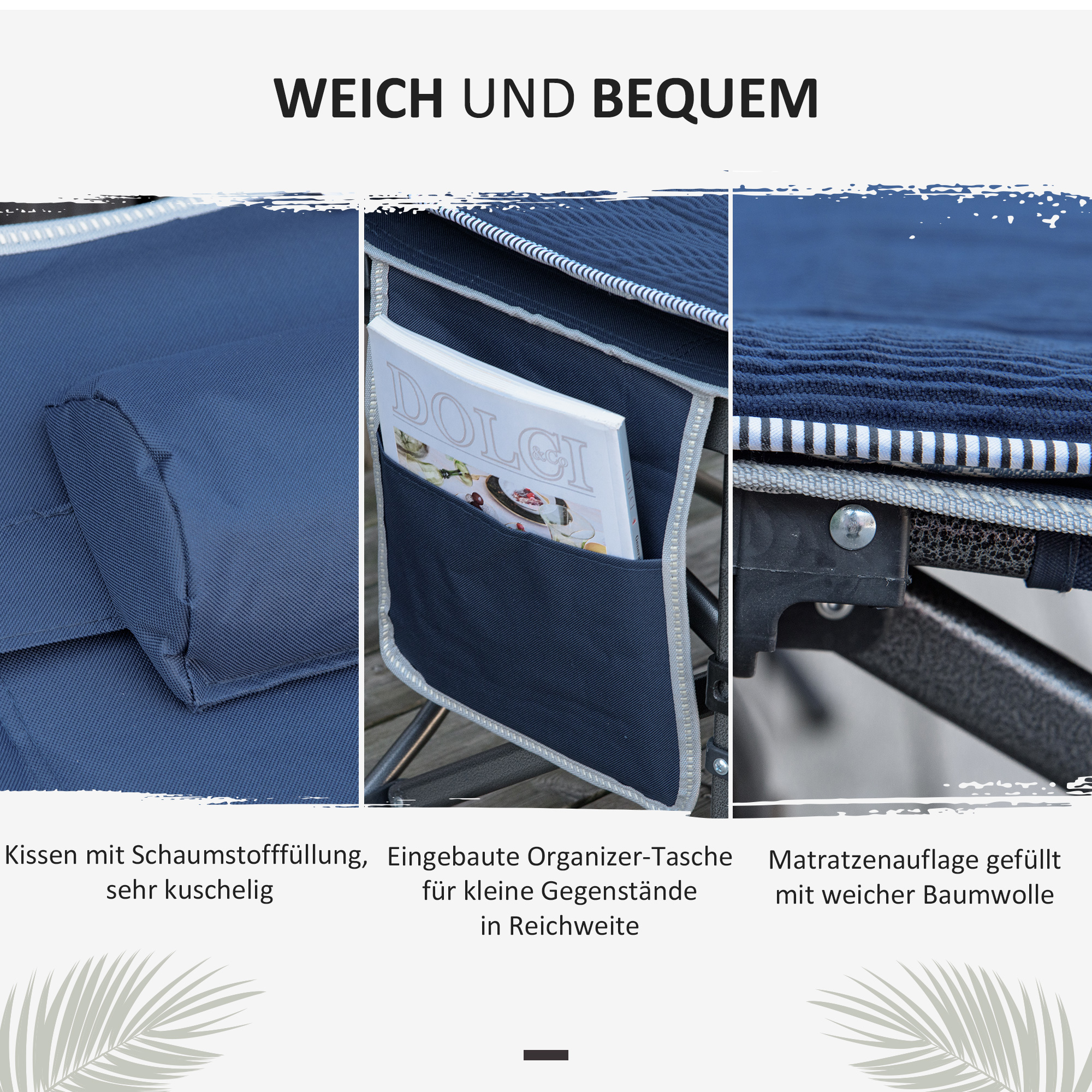 Campingbett, klappbares Feldbett mit Kopfkissen, 188 x 64,5 x 53 cm, Dunkelblau