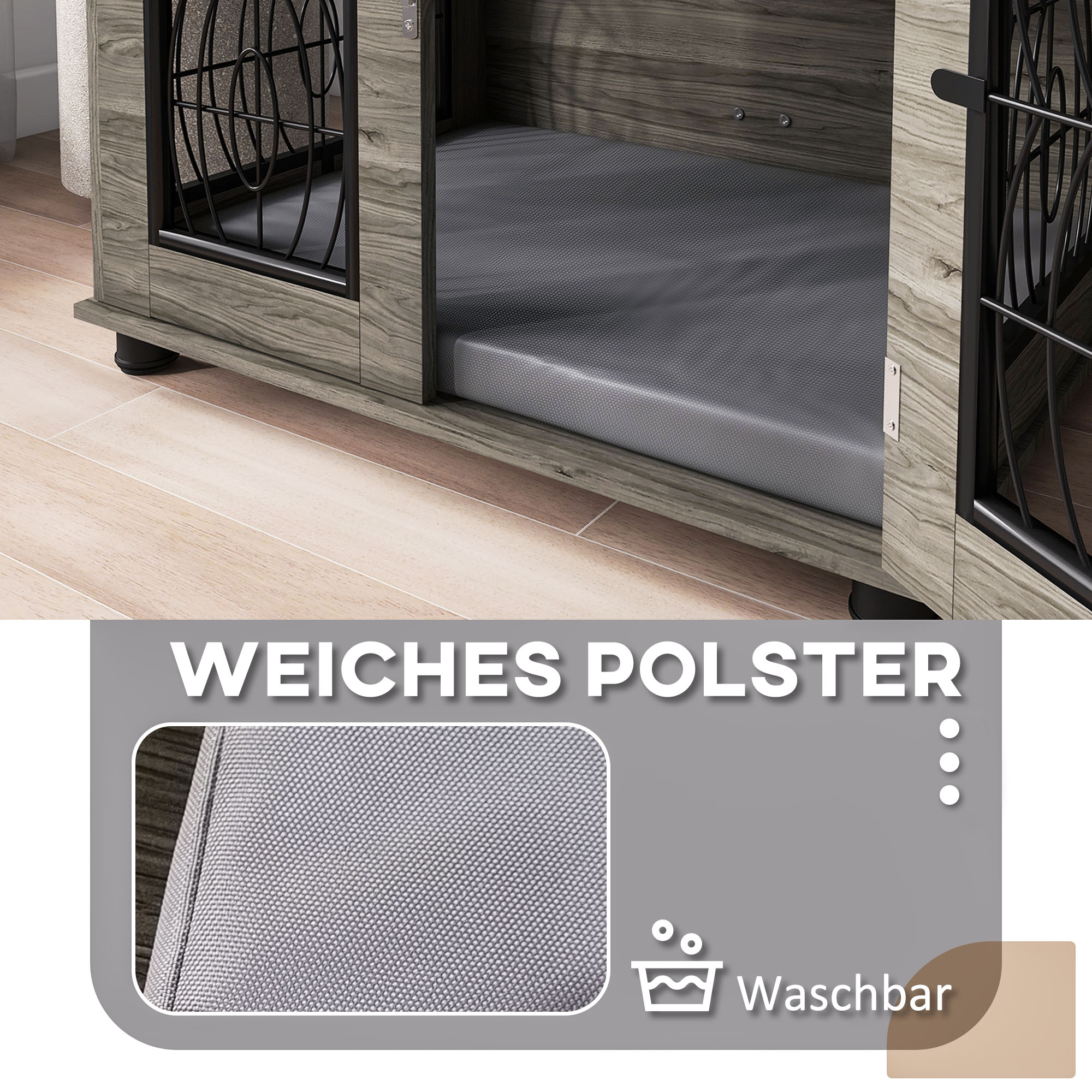 Hundebox mit Liegekissen, bis 20kg/50cm Körperlänge, Metall, 80x56x63cm, Grau/Holzdekor