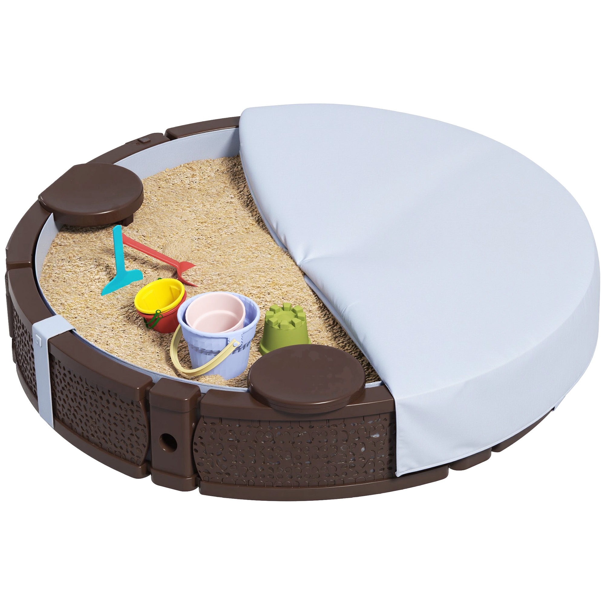 Sandkasten, Runde Sandkiste für bis zu 3 Kinder, mit 3 Sitzen, wasserfeste Unterlage, Schutzplane, 300 kg Sand
