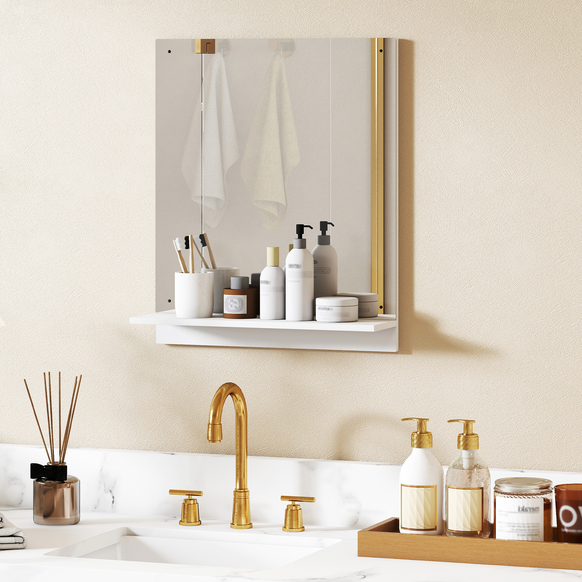 Badspiegel 50 x 60 cm Wandspiegel mit Regal, Badezimmerspiegel für Eingangsbereich, Flur, Weiß
