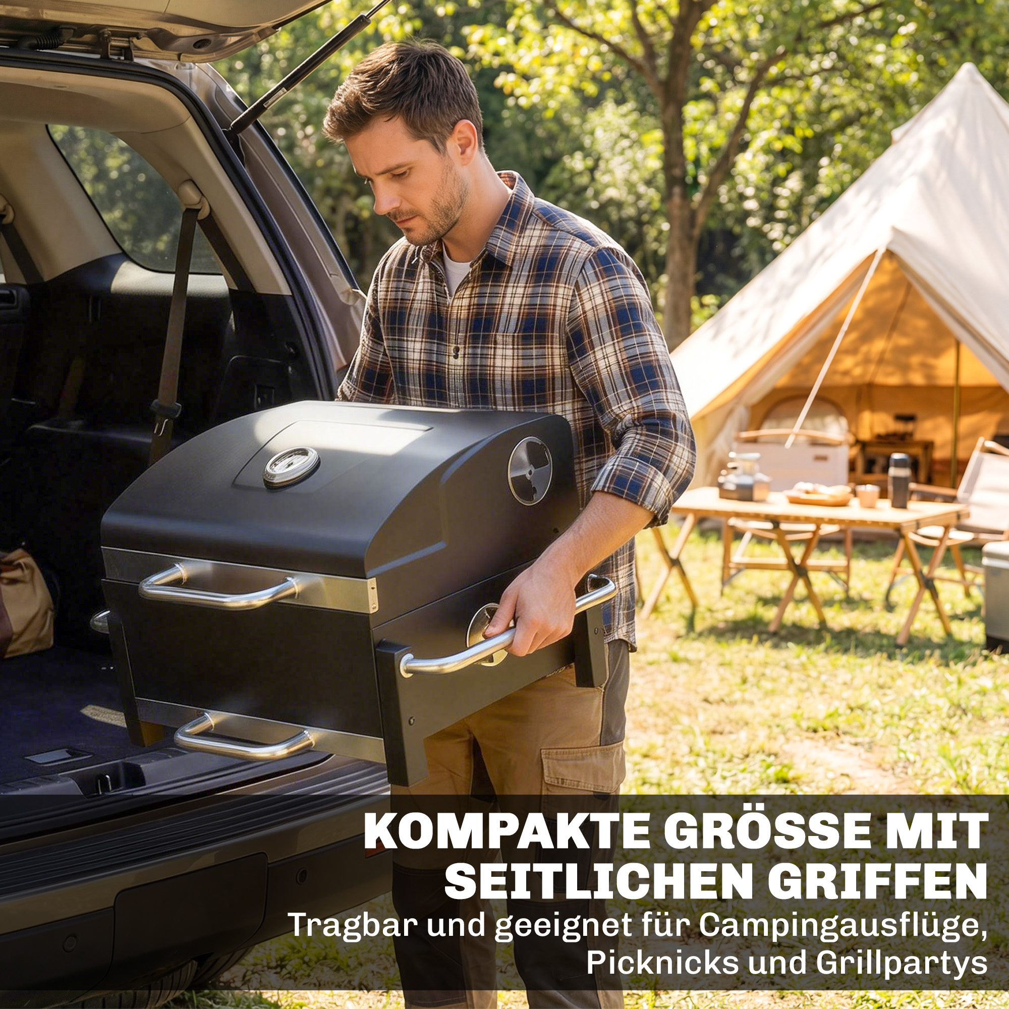 Holzkohlegrill aus Stahl tragbarer BBQ Smoker mit Deckel verstellbare Lüftung zweistufige Kohlepfanne Thermometer