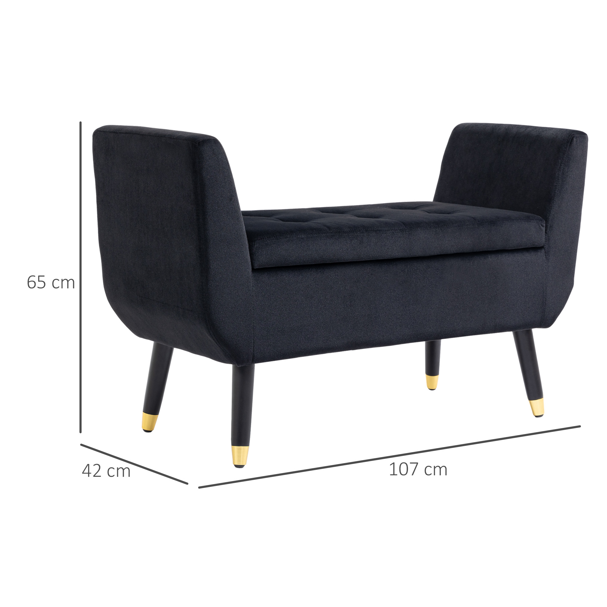 Sitzbank mit Stauraum Armlehnen Polsterbank mit Samtoptik, Sitztruhe mit Holzbeine, Truhenbank für Wohnzimmer Schlafzimmer Flur 107 x 42 x 65 cm, Schwarz