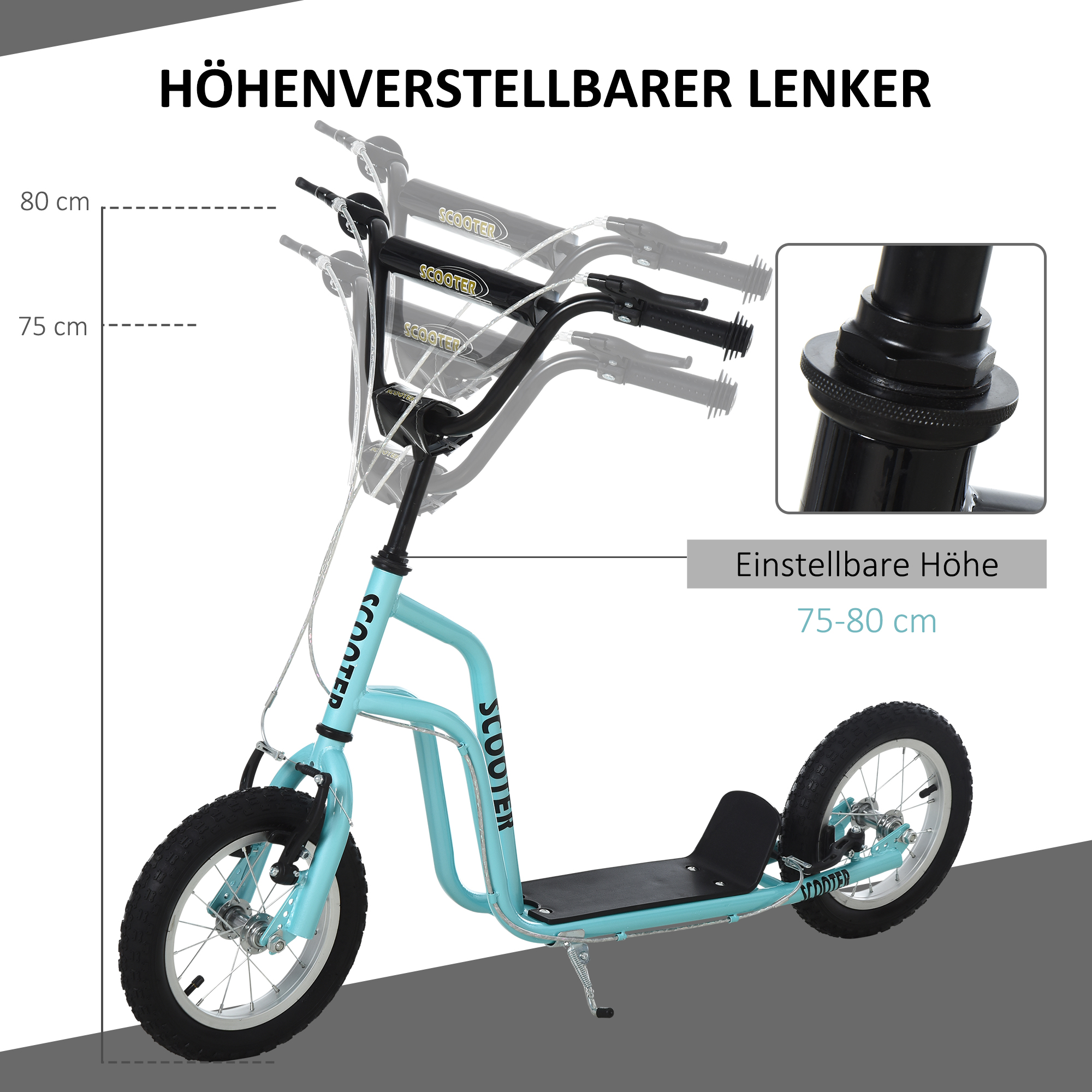 Kinderroller Lenker Verstellbar Scooter Tretroller Cityroller Kinder Roller Kickboard mit Luftreifen 12 Zoll ab 5 Jahre Blau 120 x 58 x 75-80 cm