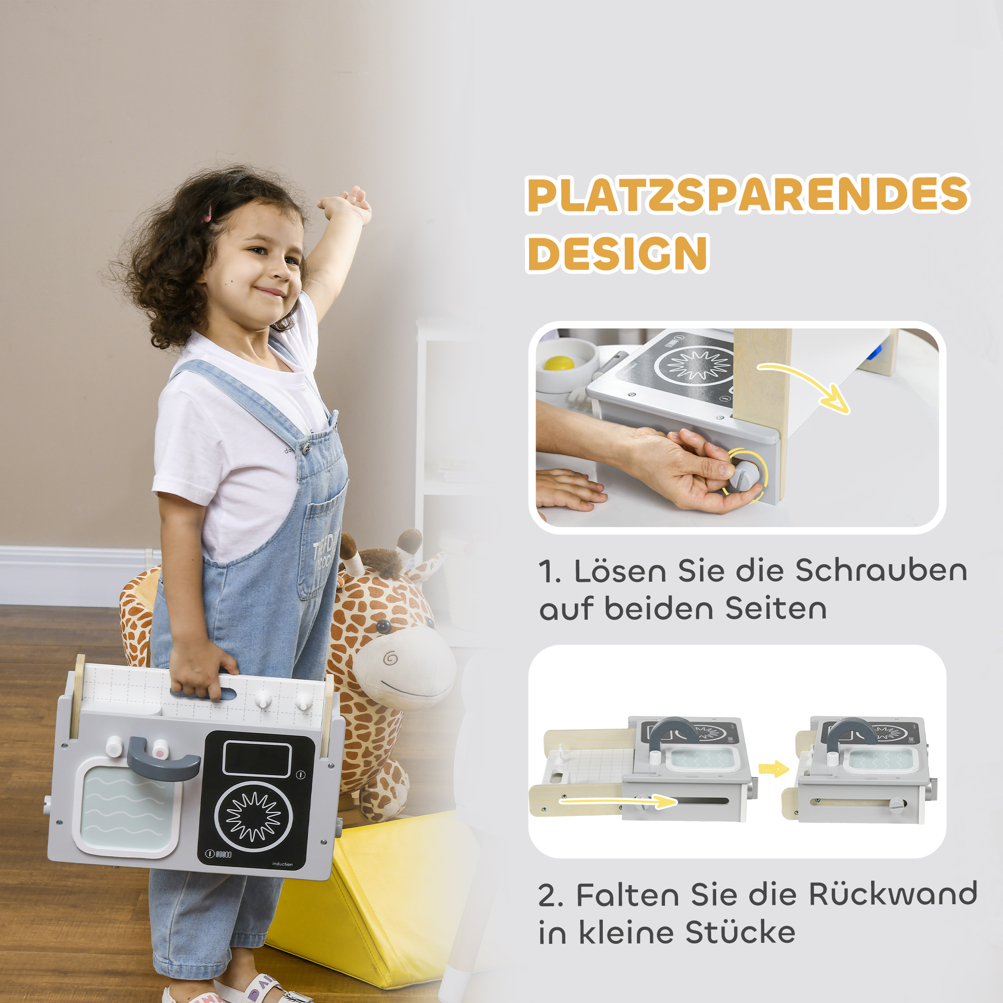 Kinderküchen-Set, 10-teilig, mit Gewürzflaschen, Topf, Ei, Fisch, 36x21,5x25 cm, Grau/Gelb
