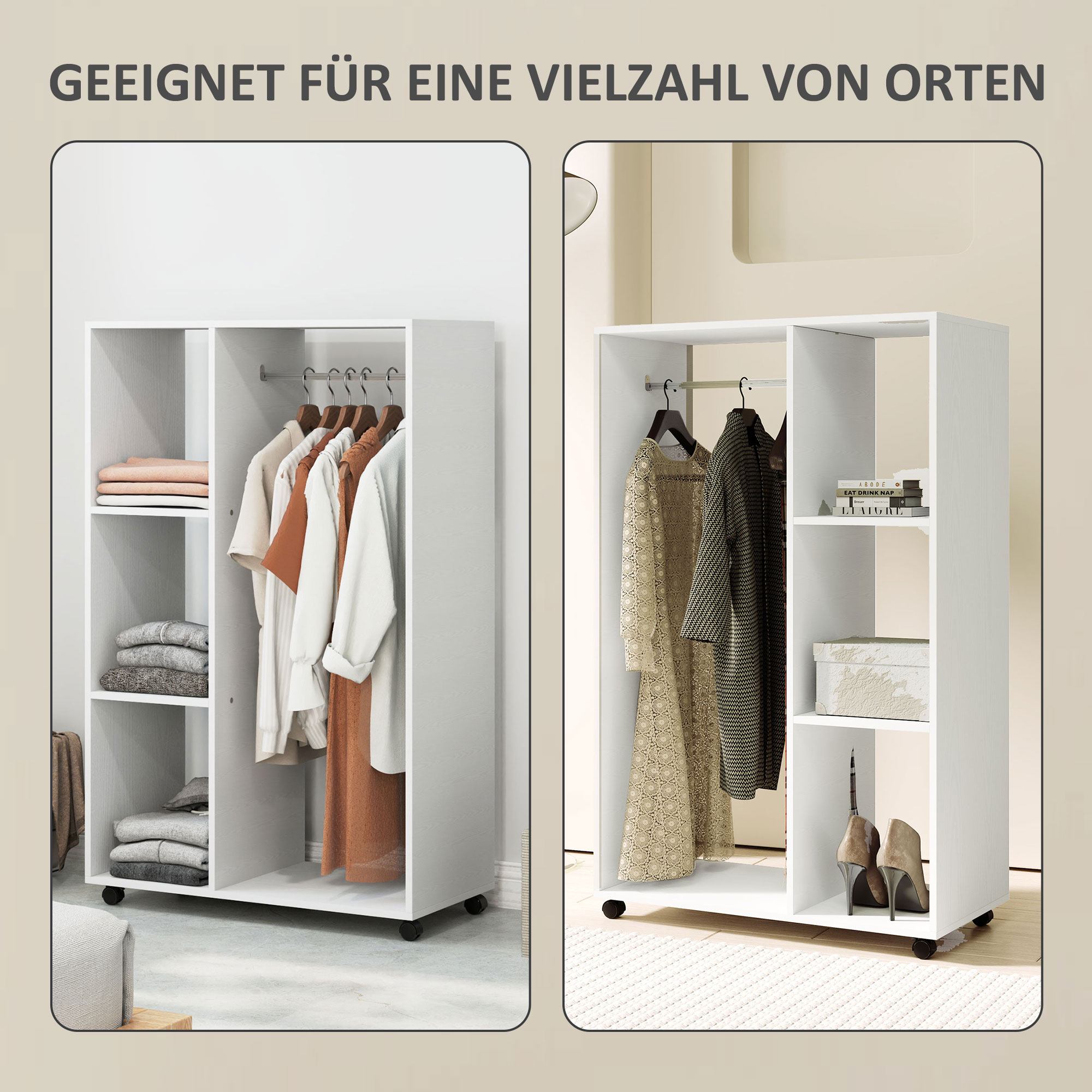 Kleiderschrank auf Rollen, mobile Garderobe, Garderobenschrank, Rollbarer Kleiderständer, 80 x 40 x 128 cm, Weiß