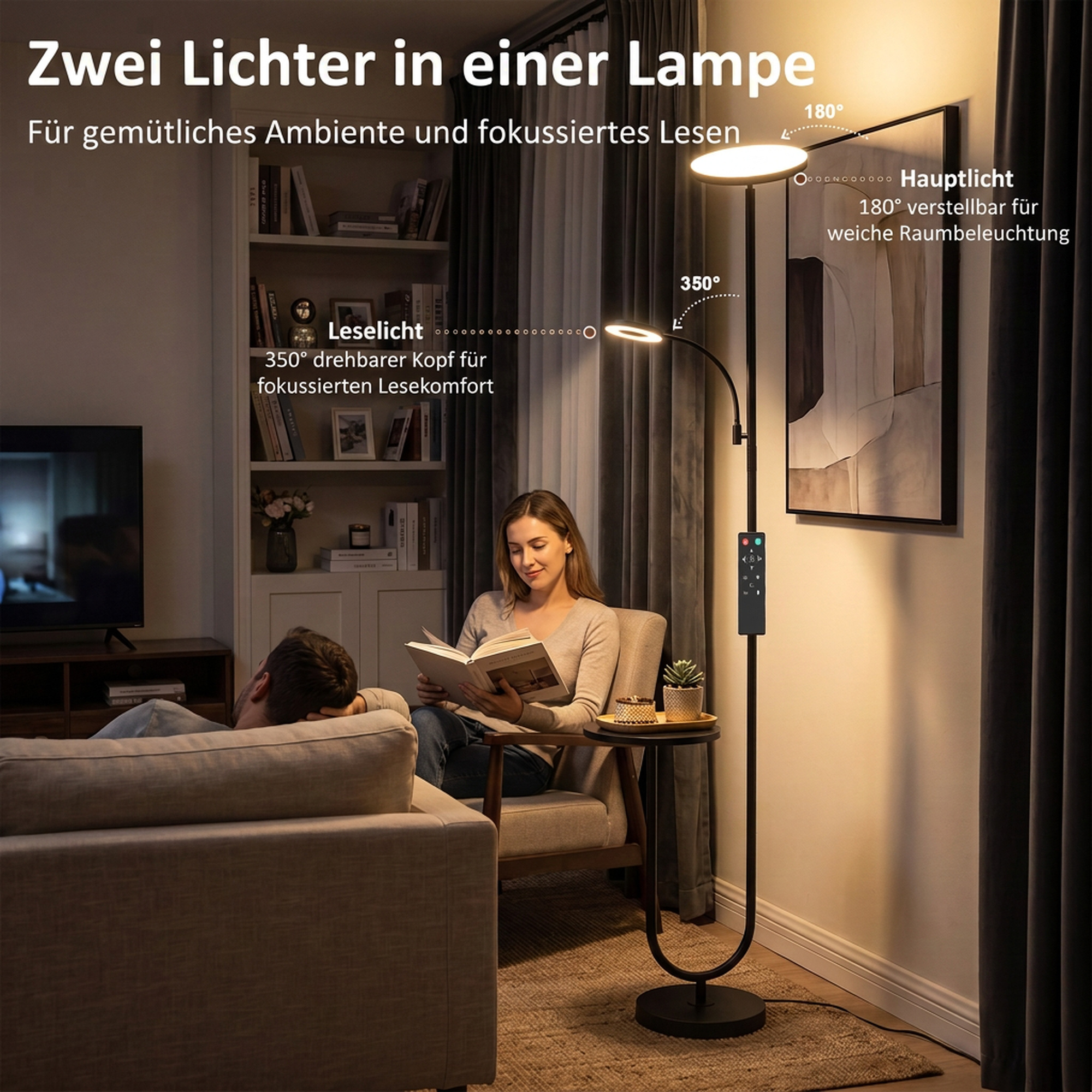 LED-Deckenfluter mit Ablagetisch und Leselampe, dimmbare Stehlampe mit Fernbedienung, 4 Farbtemperaturen