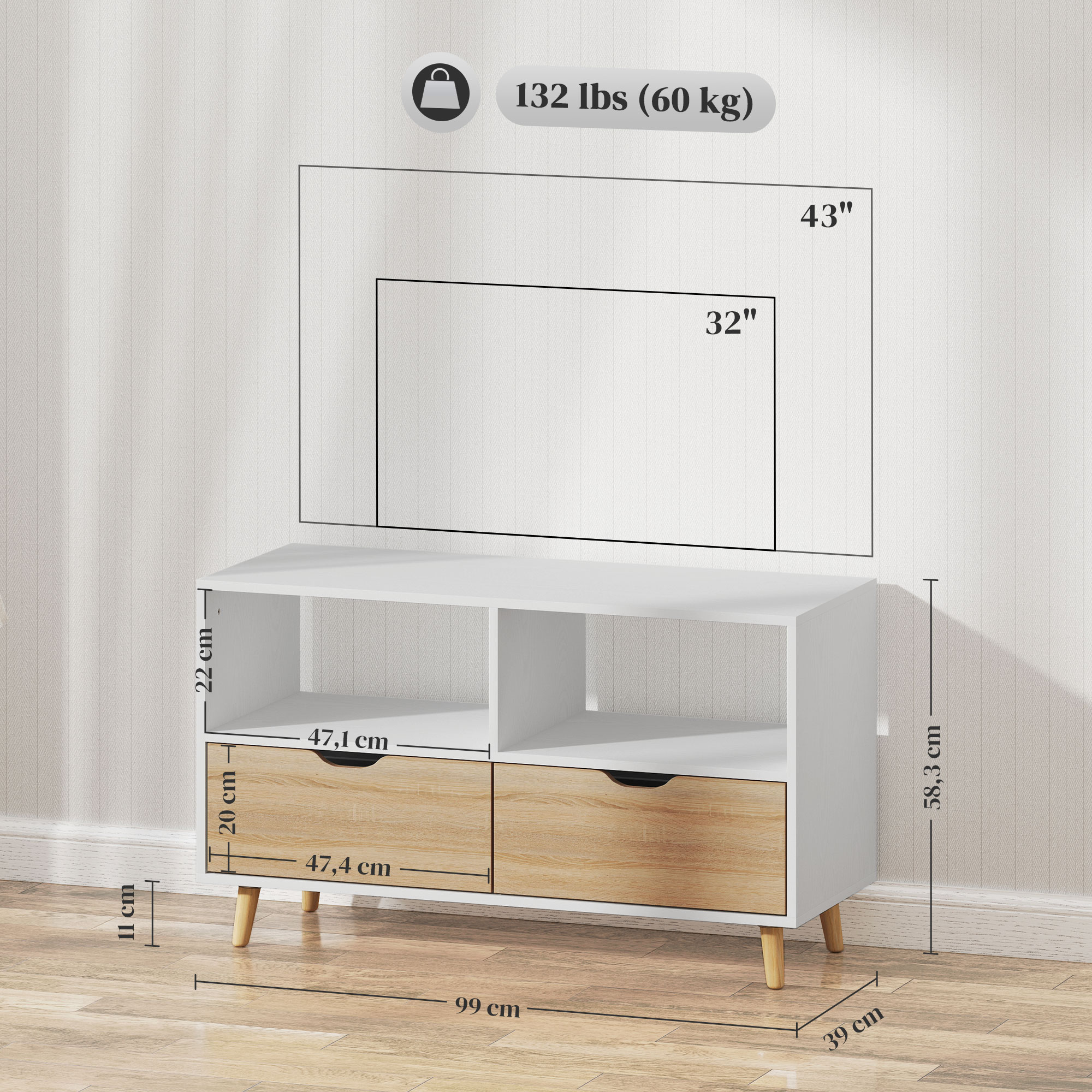 TV-Schrank, TV-Kommode mit Schubladen, Offene Regale, Holz, 99 x 39 x 58 cm, Weiß