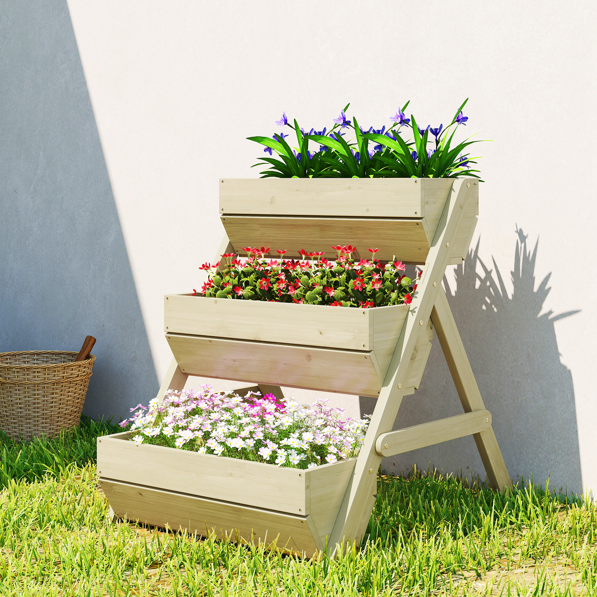 Vertikales Hochbeet mit 3 Etagen Vertikalbeet aus Holz Blumenkasten mit 3 Pflanzkästen Ablauflöchern Grün