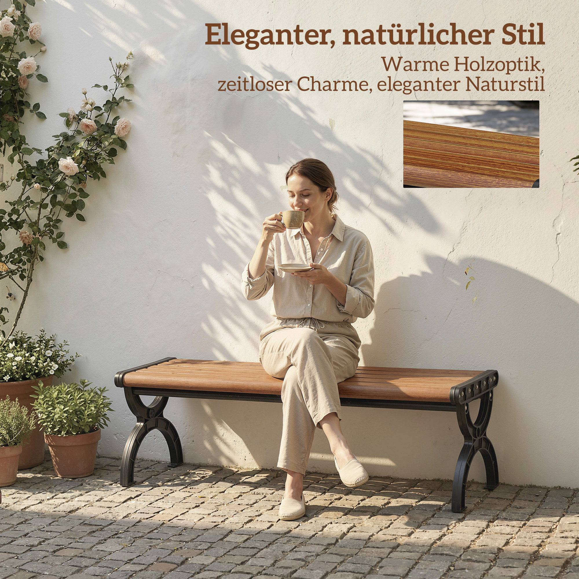 Gartenbank 2-Sitzer, Outdoor-Bank mit Metallrahmen und Latten-Sitz, Terrassenmöbel für Garten und Terrasse