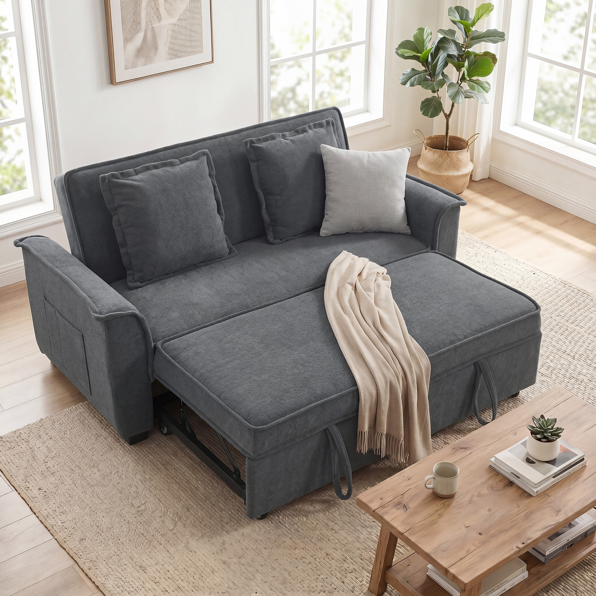 Futon-Schlafsofa, verstellbare Rückenlehne, 2-Sitzer mit 2 Kissen, Dunkelgrau