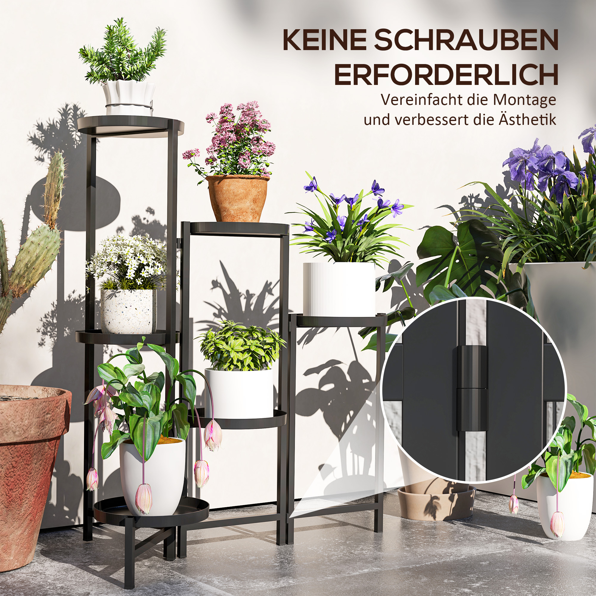 Blumentopfständer, Pflanzenständer mit 6 verstellbaren runden Ebenen, Eckständer für Pflanzentöpfe, Metall, Schwarz