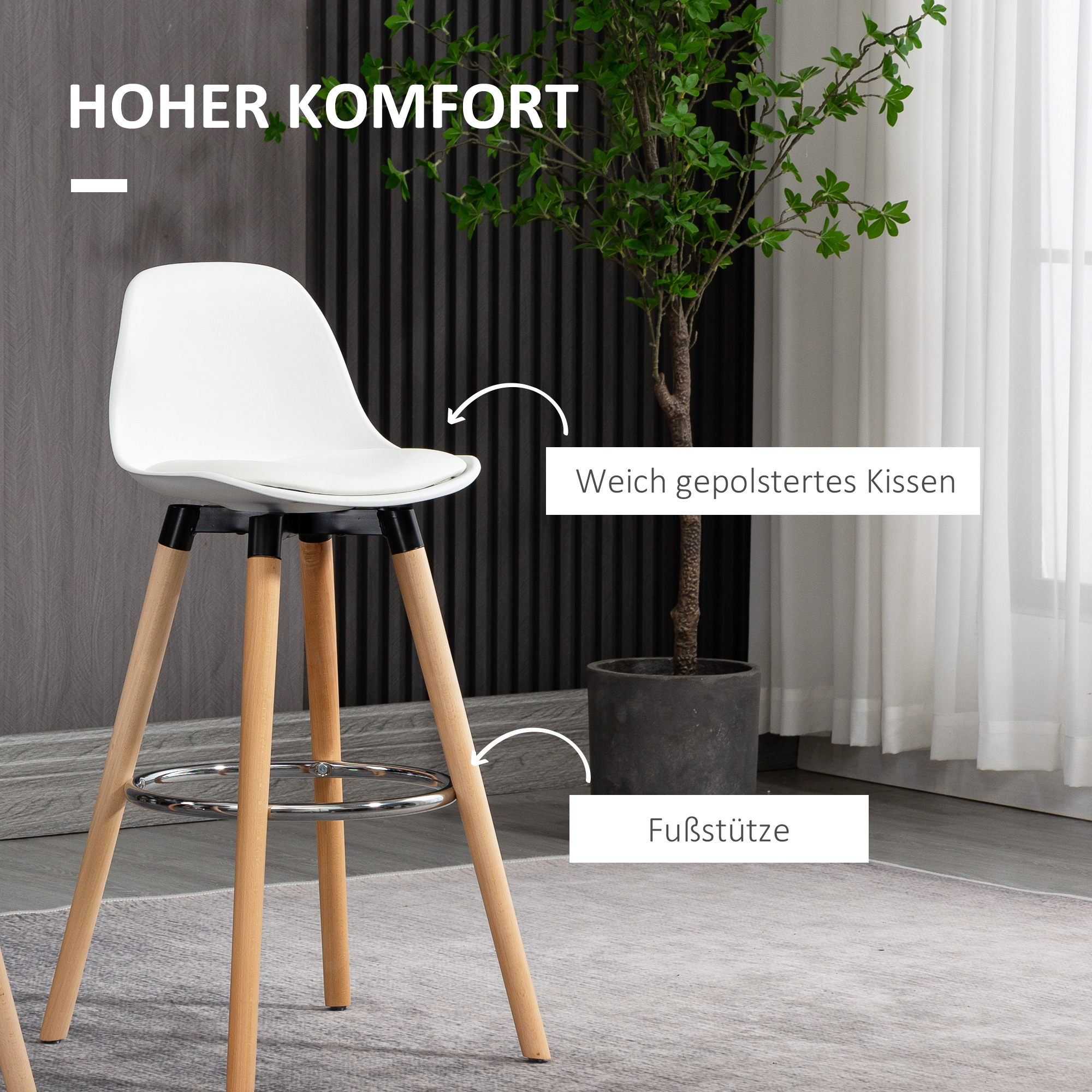 2er-Set Barhocker Barstühle Skandi-Design, Fußtstütze, 38,5 cm x 42,5 cm x 91 cm, Natur + Weiß